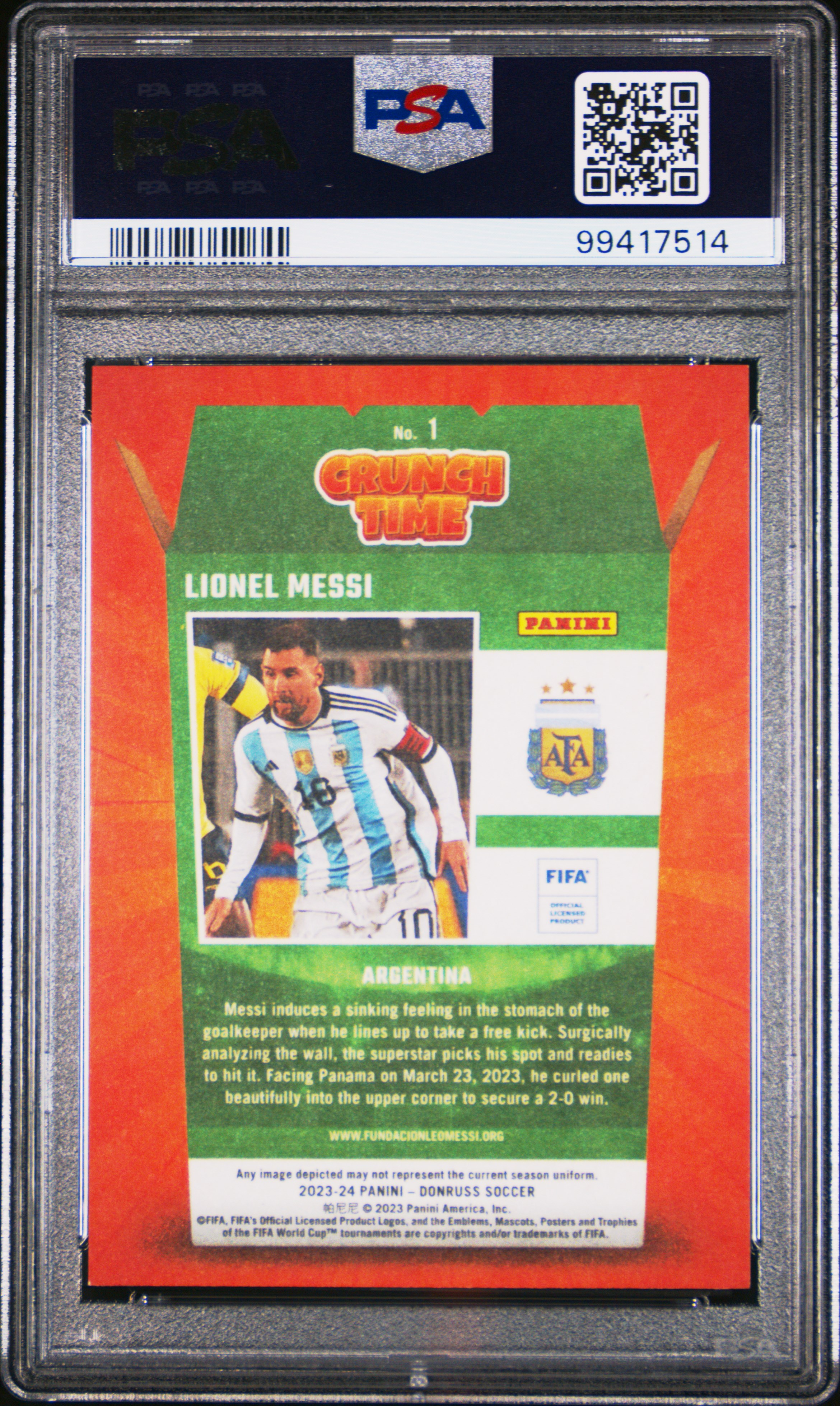 2023-24 Panini Donruss Fifa Crunch Time Lionel Messi #1 (Crunch Time-Red) Mint 9 back