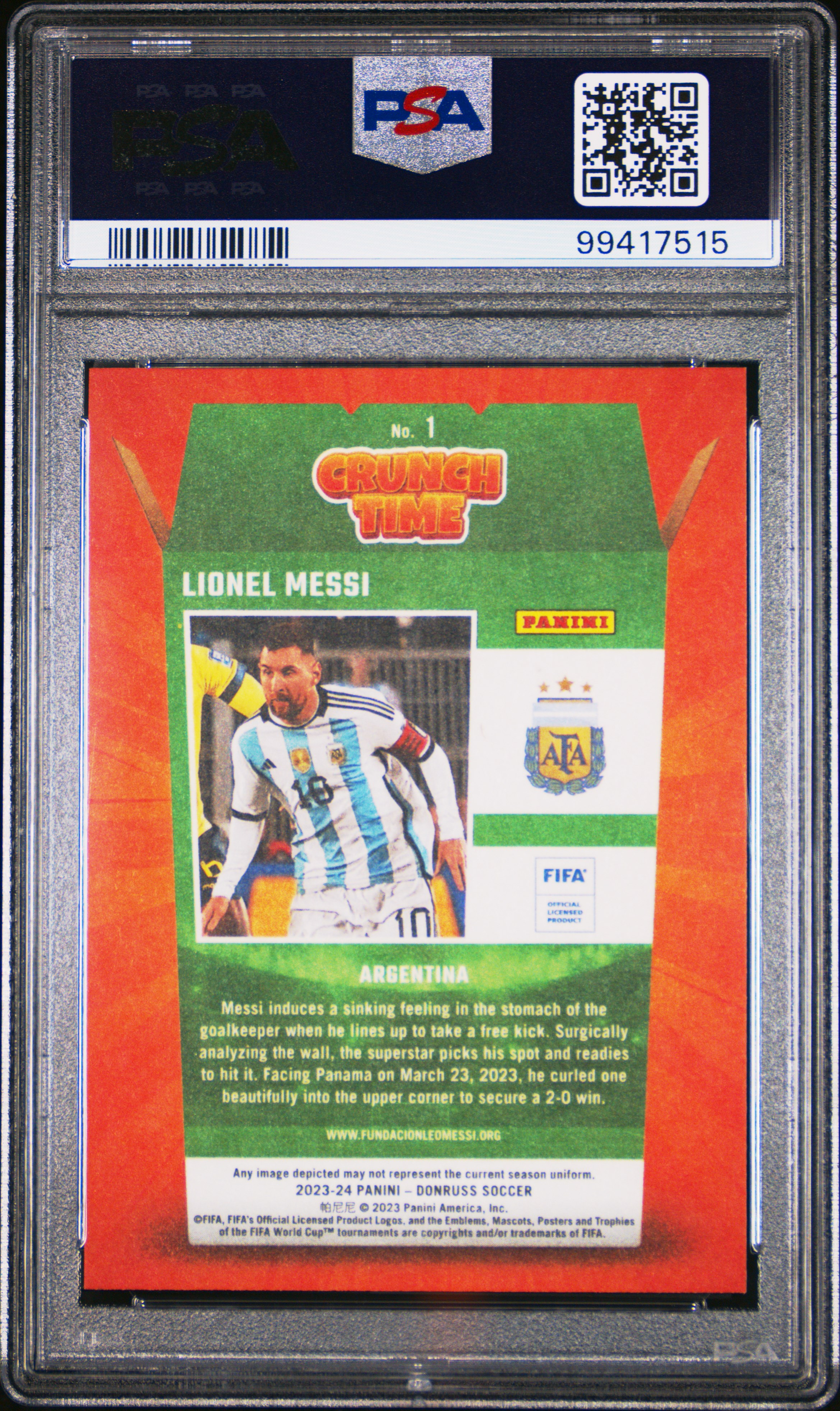 2023-24 Panini Donruss Fifa Crunch Time Lionel Messi #1 (Crunch Time-Red) Gem Mt 10 back