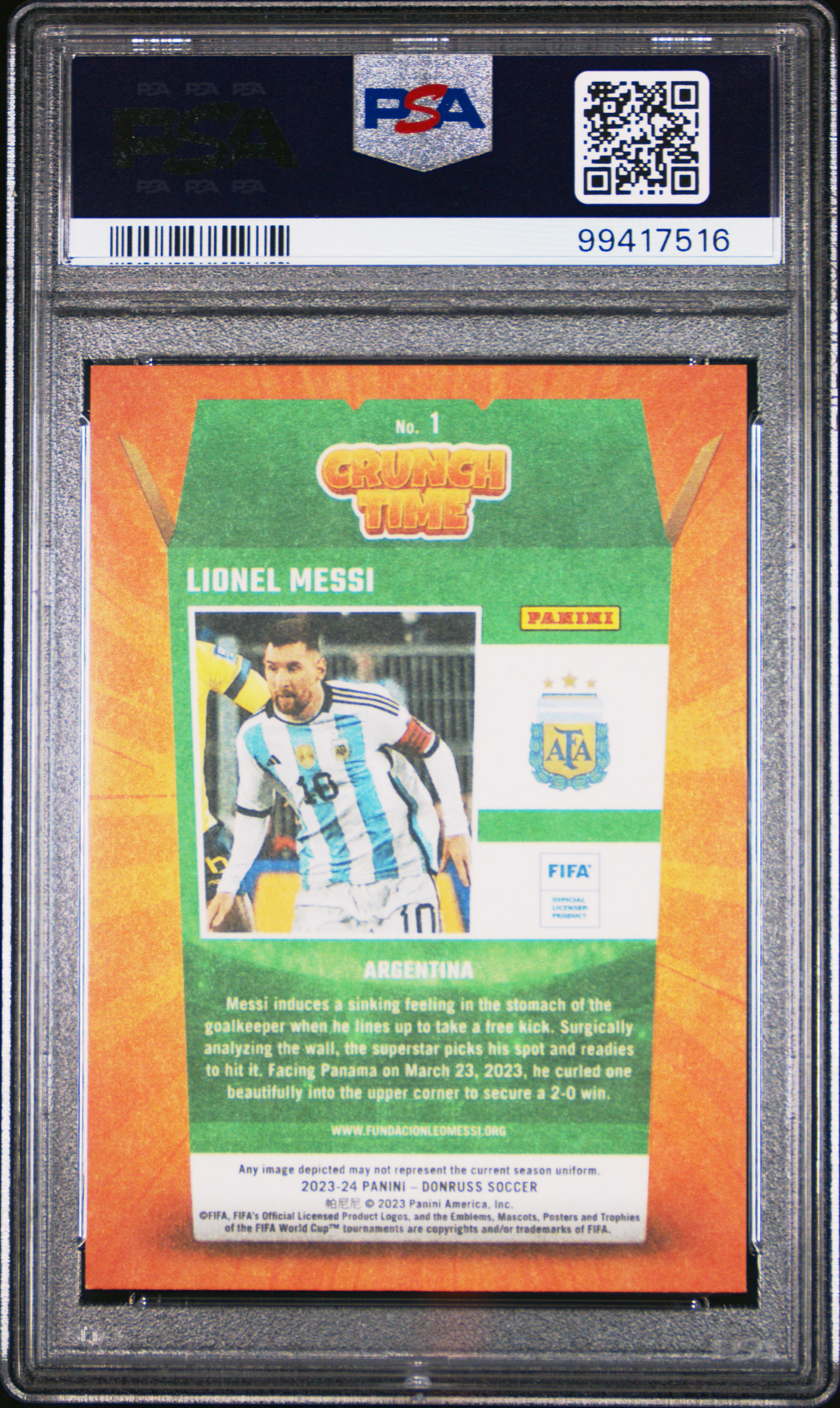 2023-24 Panini Donruss Fifa Crunch Time Lionel Messi #1 Gem Mt 10 back