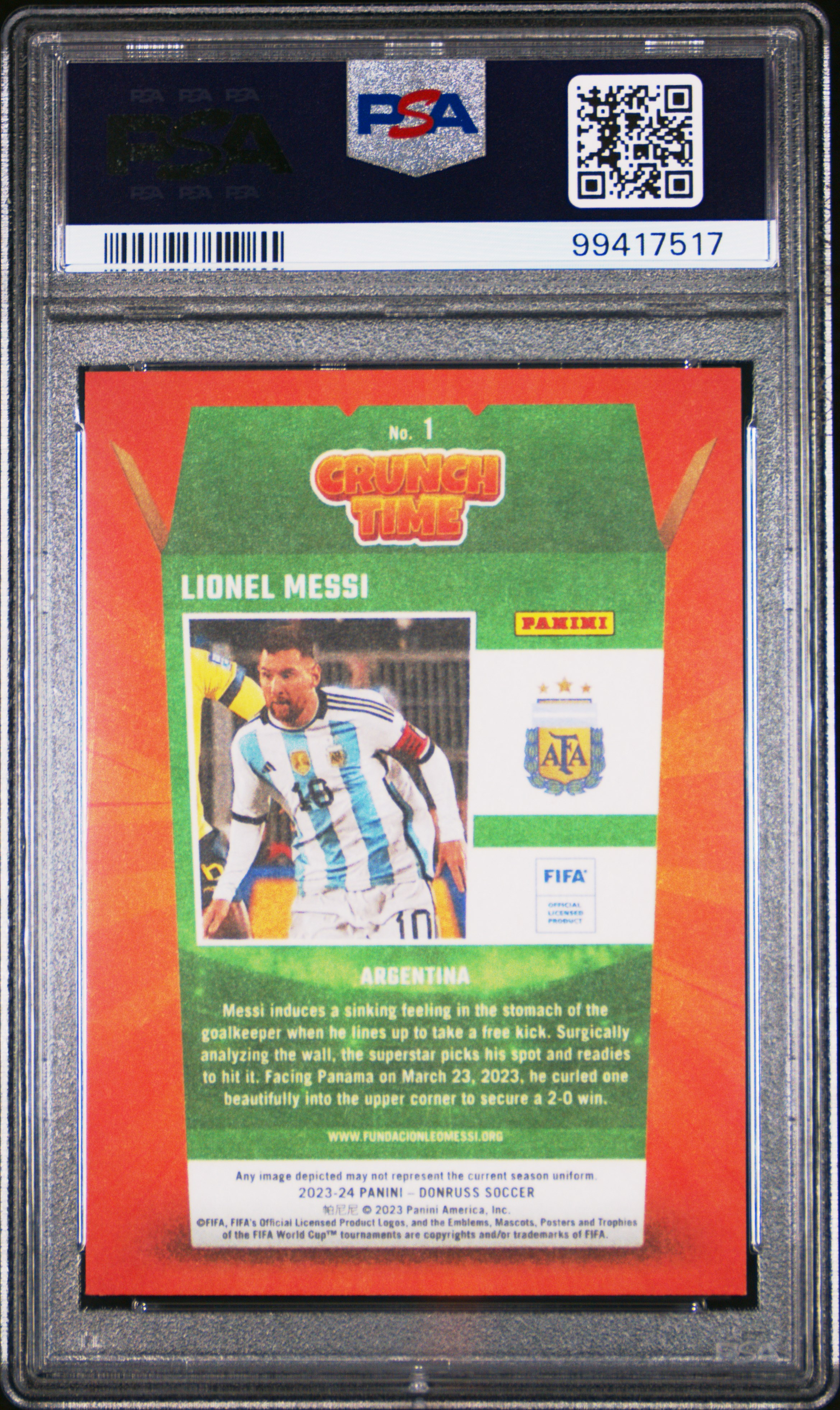 2023-24 Panini Donruss Fifa Crunch Time Lionel Messi #1 Gem Mt 10 back