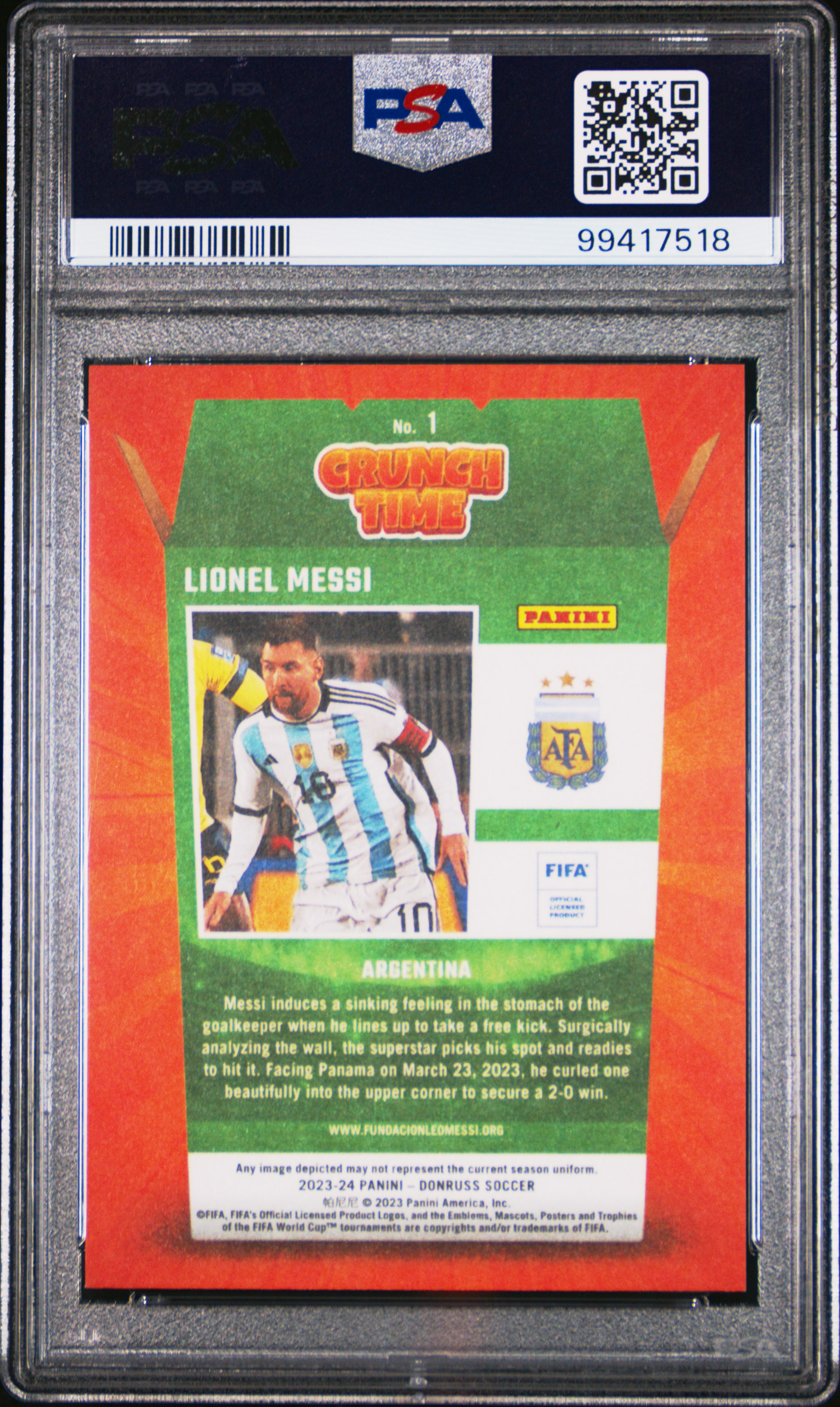 2023-24 Panini Donruss Fifa Crunch Time Lionel Messi #1 Gem Mt 10 back
