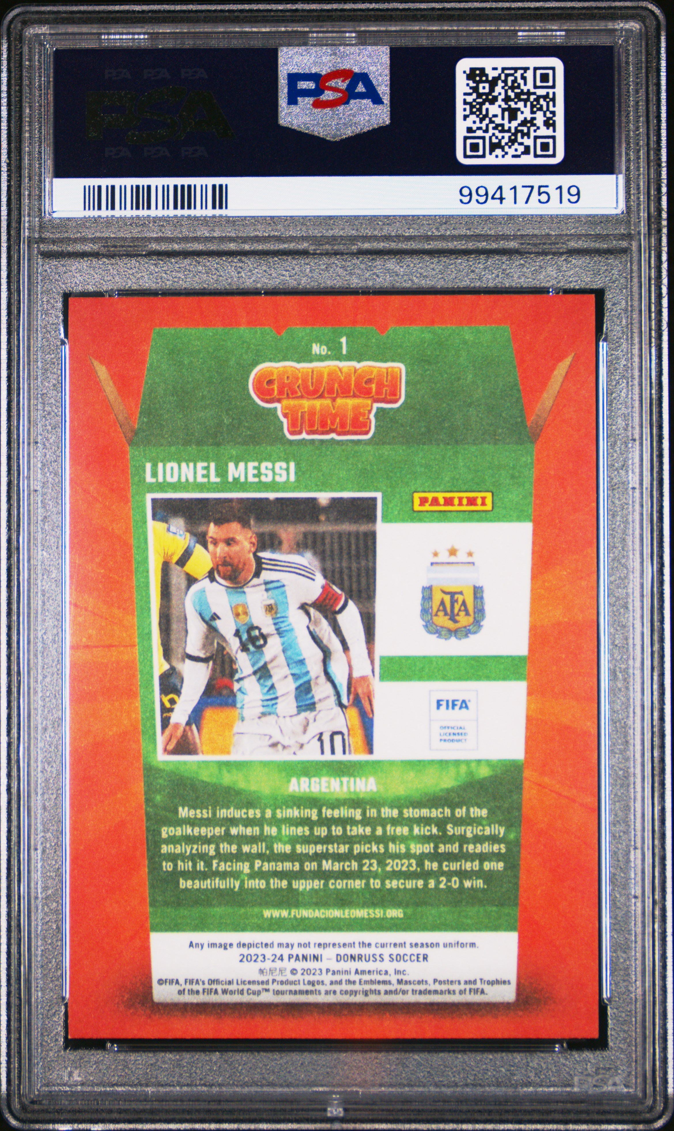 2023-24 Panini Donruss Fifa Crunch Time Lionel Messi #1 Gem Mt 10 back