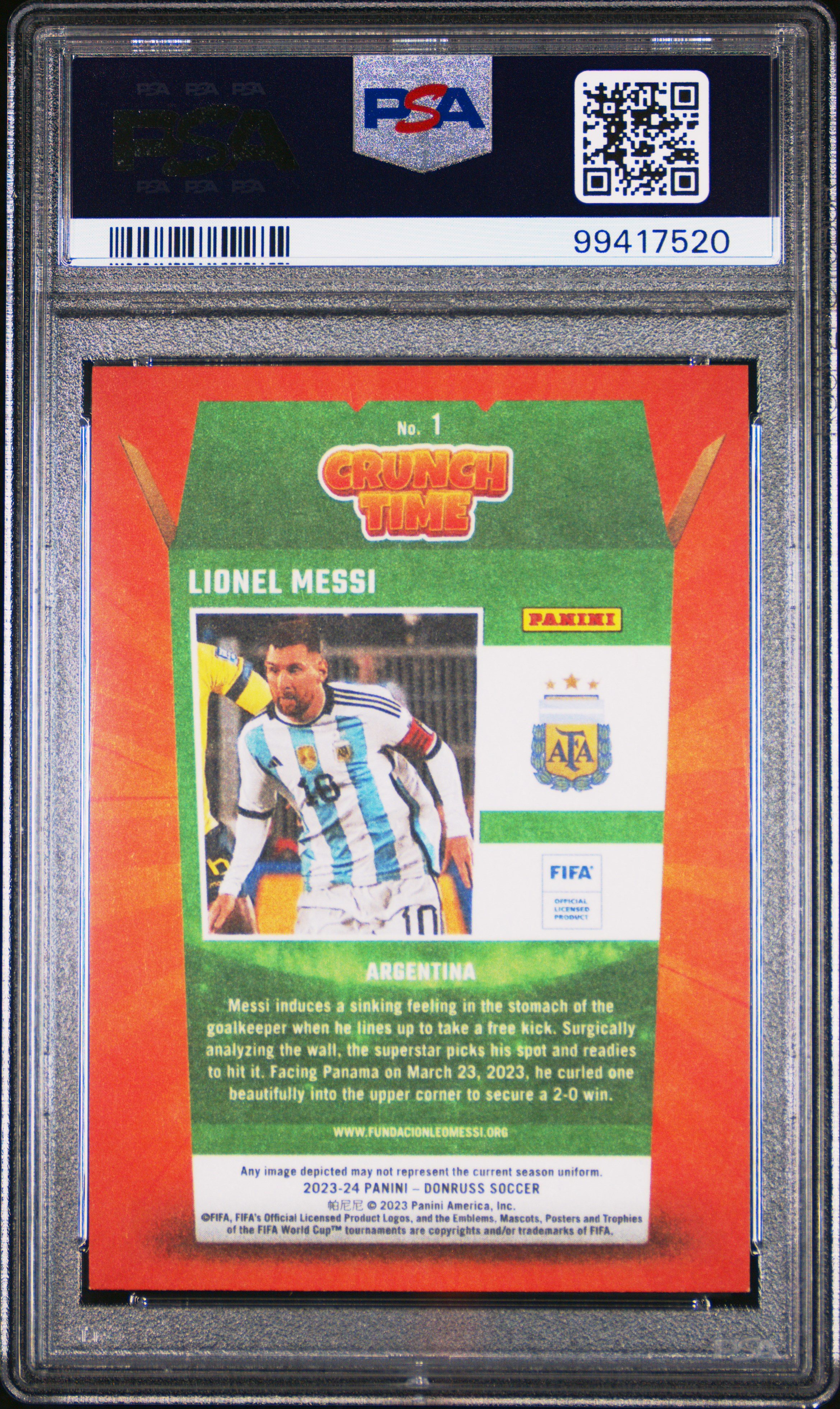 2023-24 Panini Donruss Fifa Crunch Time Lionel Messi #1 Mint 9 back