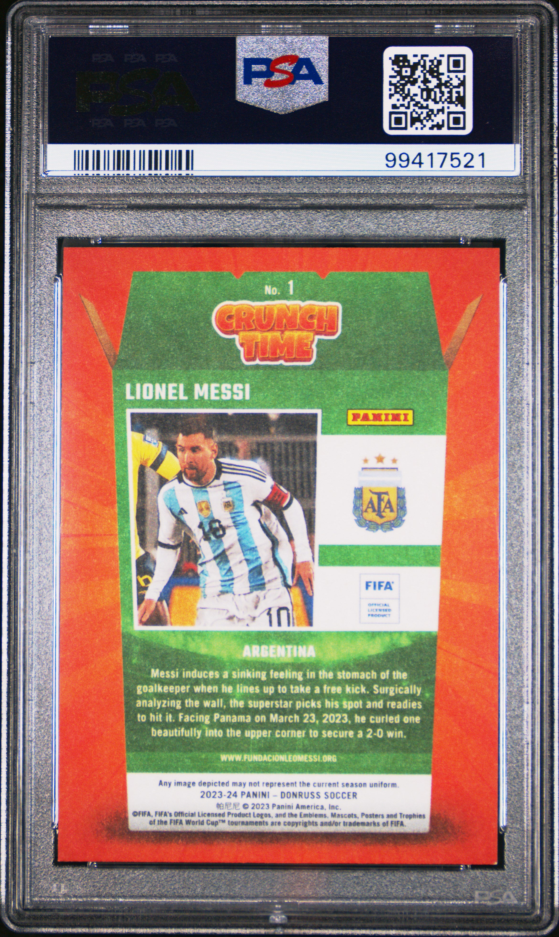 2023-24 Panini Donruss Fifa Crunch Time Lionel Messi #1 Mint 9 back