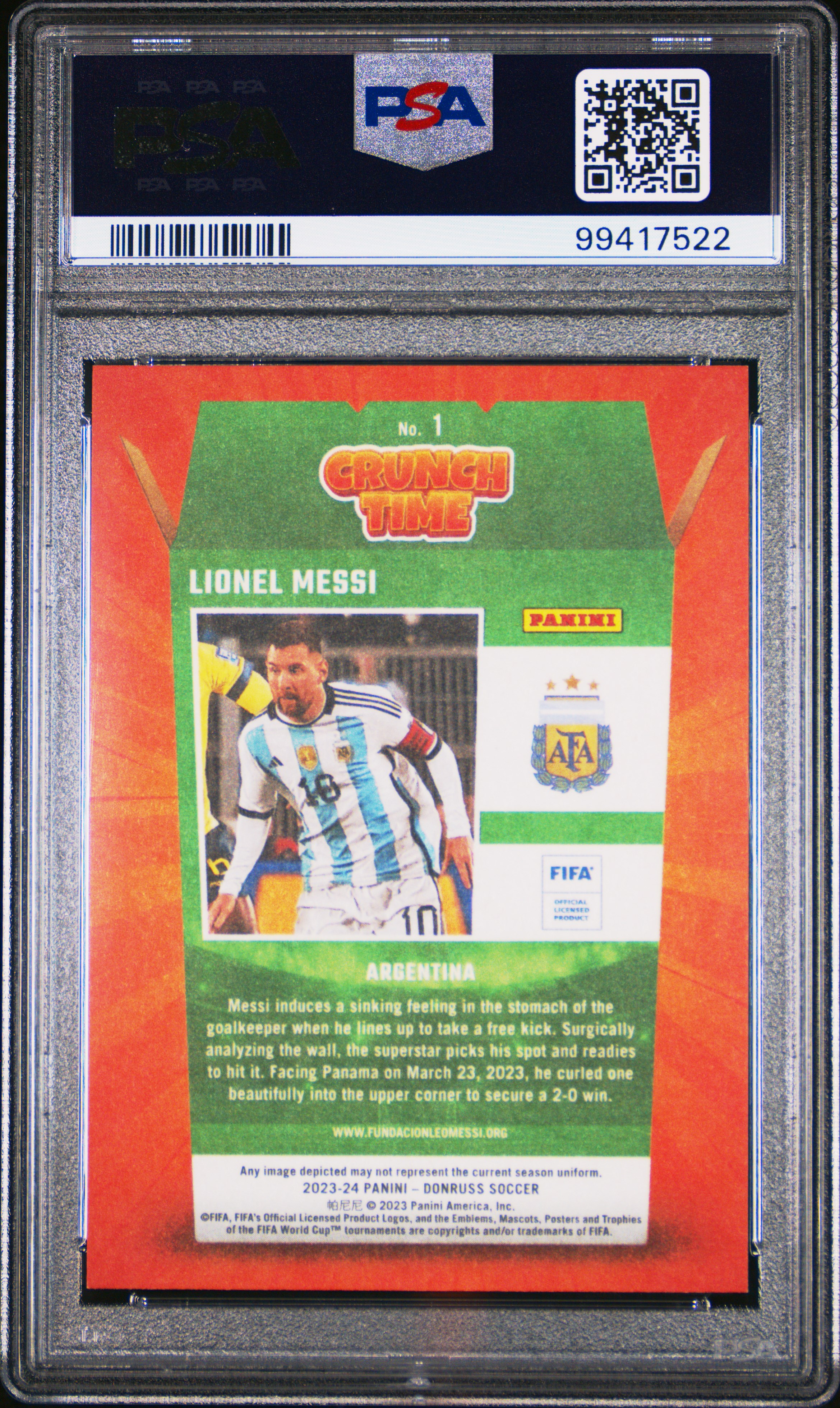 2023-24 Panini Donruss Fifa Crunch Time Lionel Messi #1 Mint 9 back