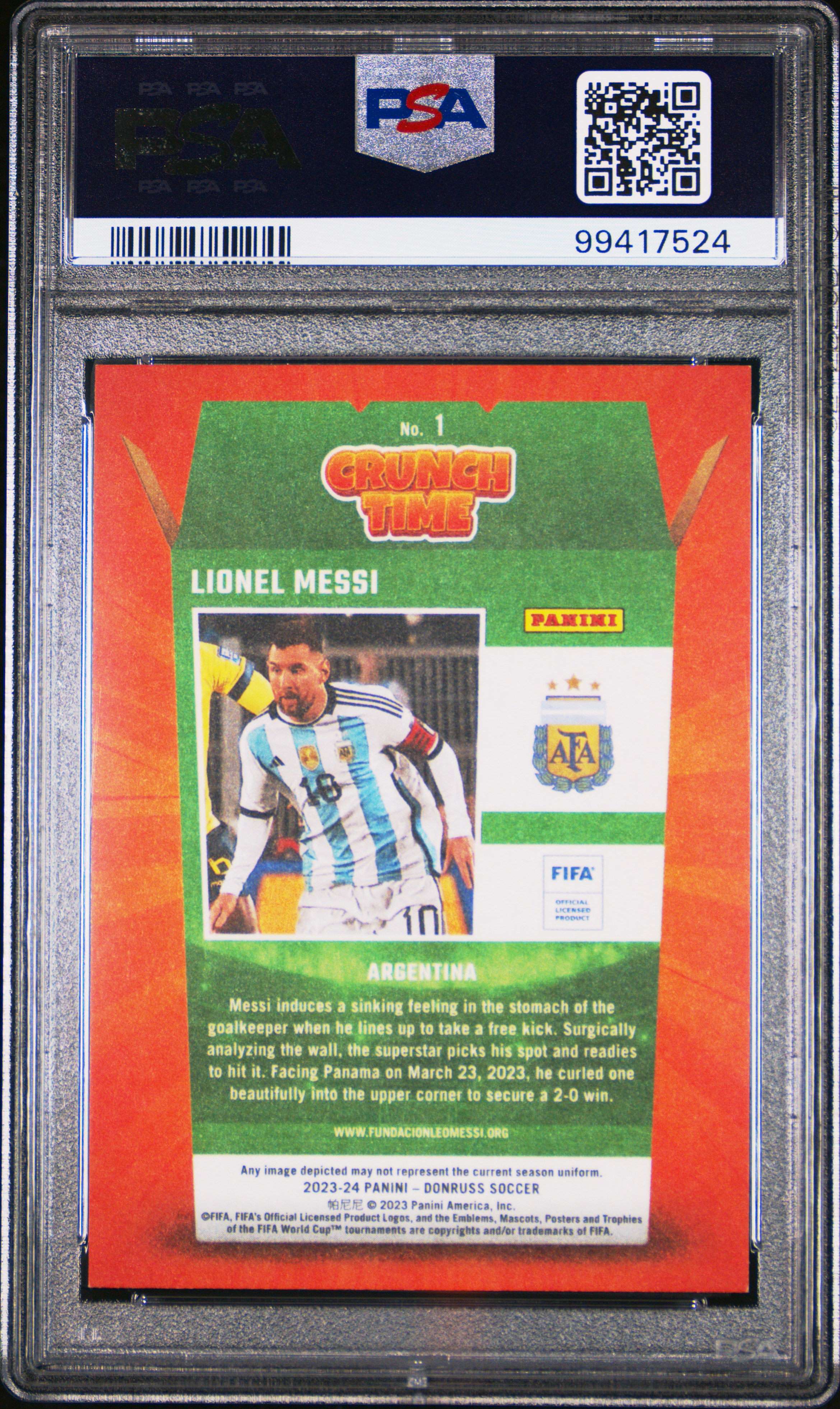 2023-24 Panini Donruss Fifa Crunch Time Lionel Messi #1 Mint 9 back