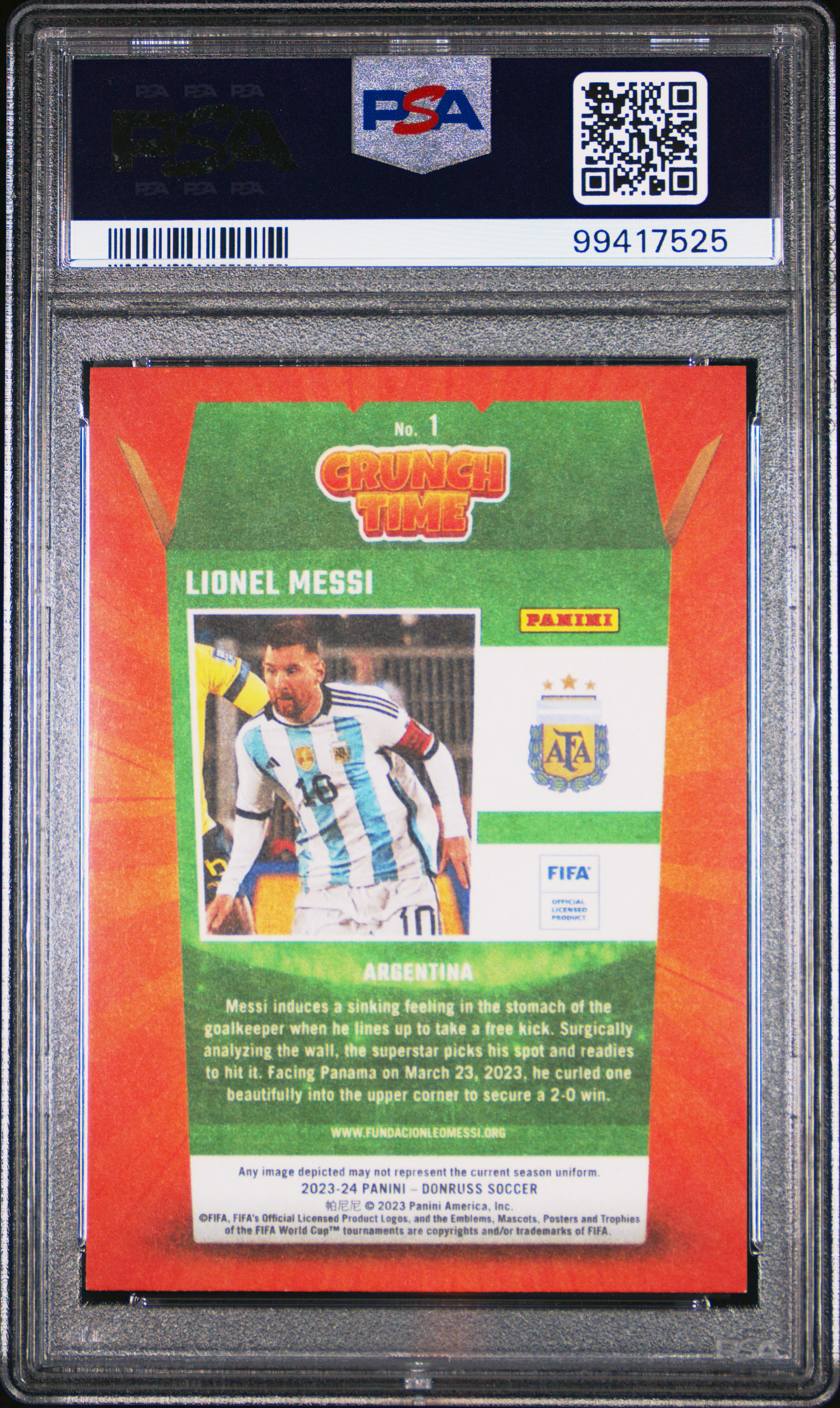 2023-24 Panini Donruss Fifa Crunch Time Lionel Messi #1 Mint 9 back