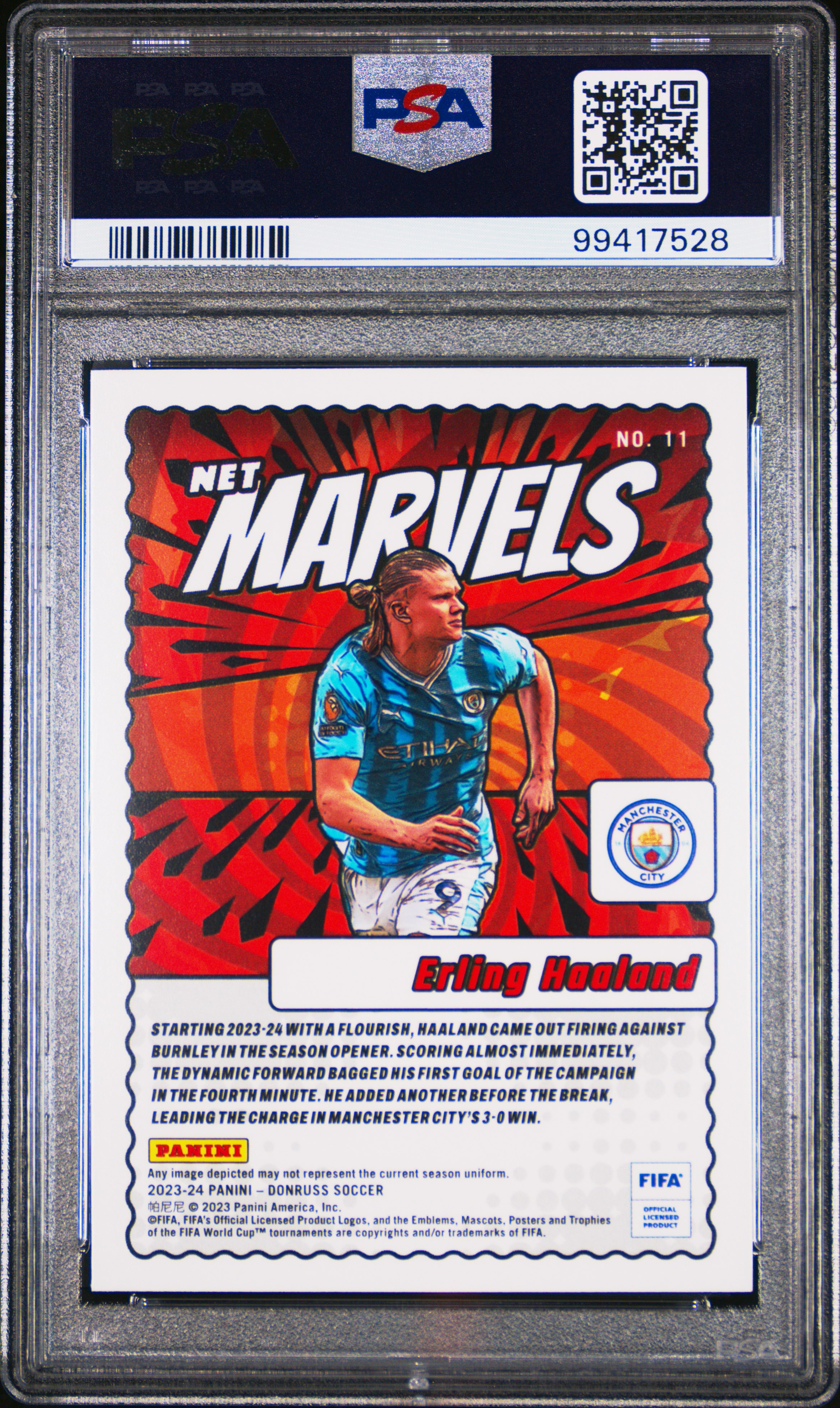 2023-24 Panini Donruss Fifa Net Marvels Erling Haaland #11 Gem Mt 10 back