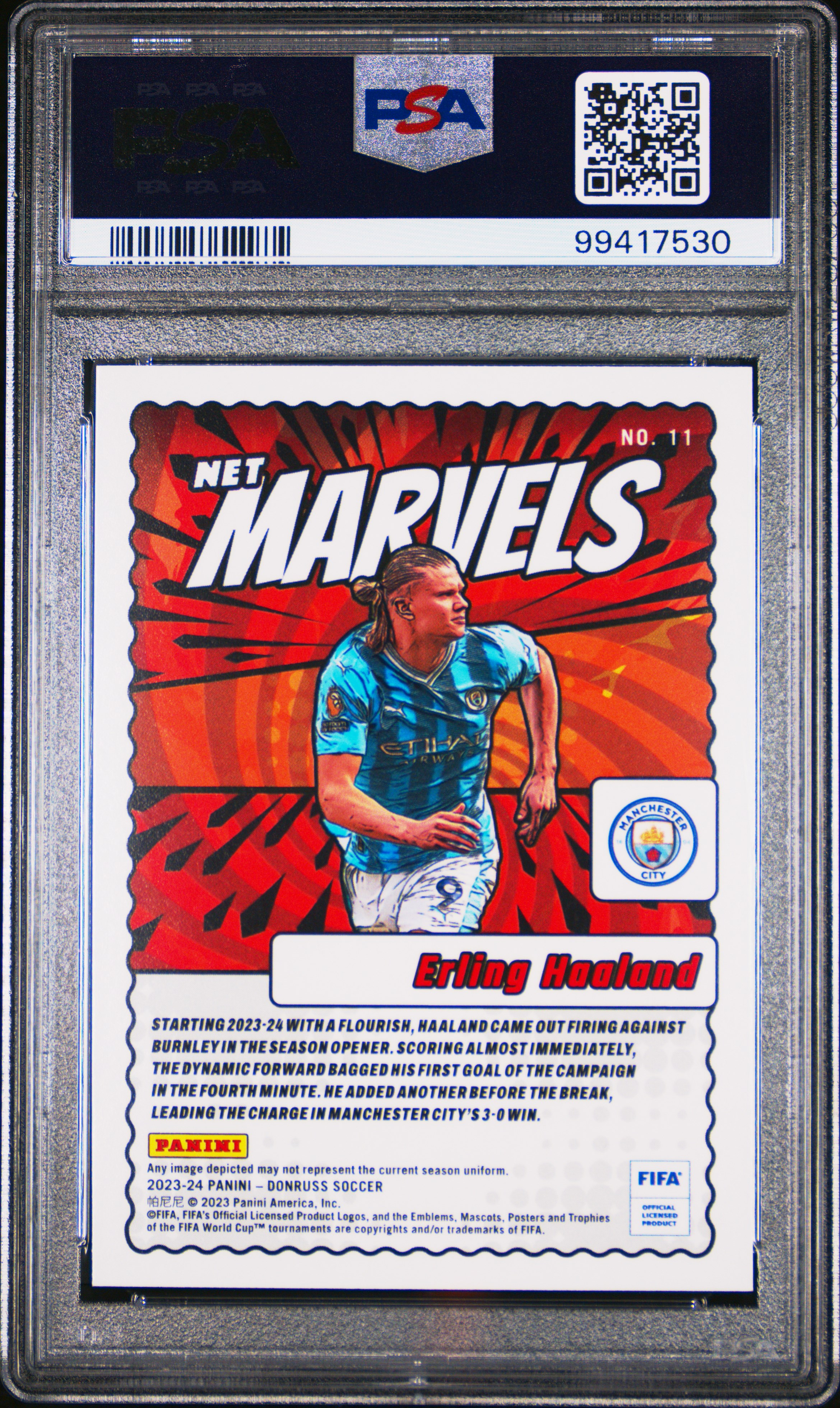 2023-24 Panini Donruss Fifa Net Marvels Erling Haaland #11 Gem Mt 10 back