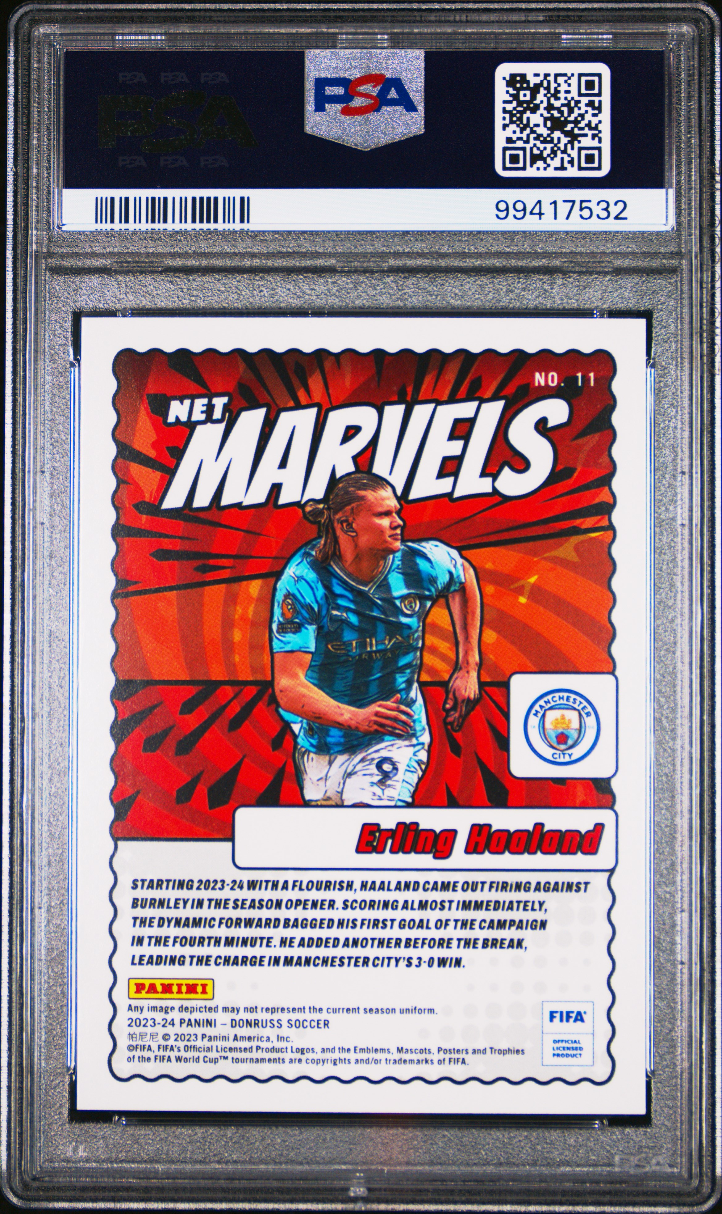 2023-24 Panini Donruss Fifa Net Marvels Erling Haaland #11 Gem Mt 10 back