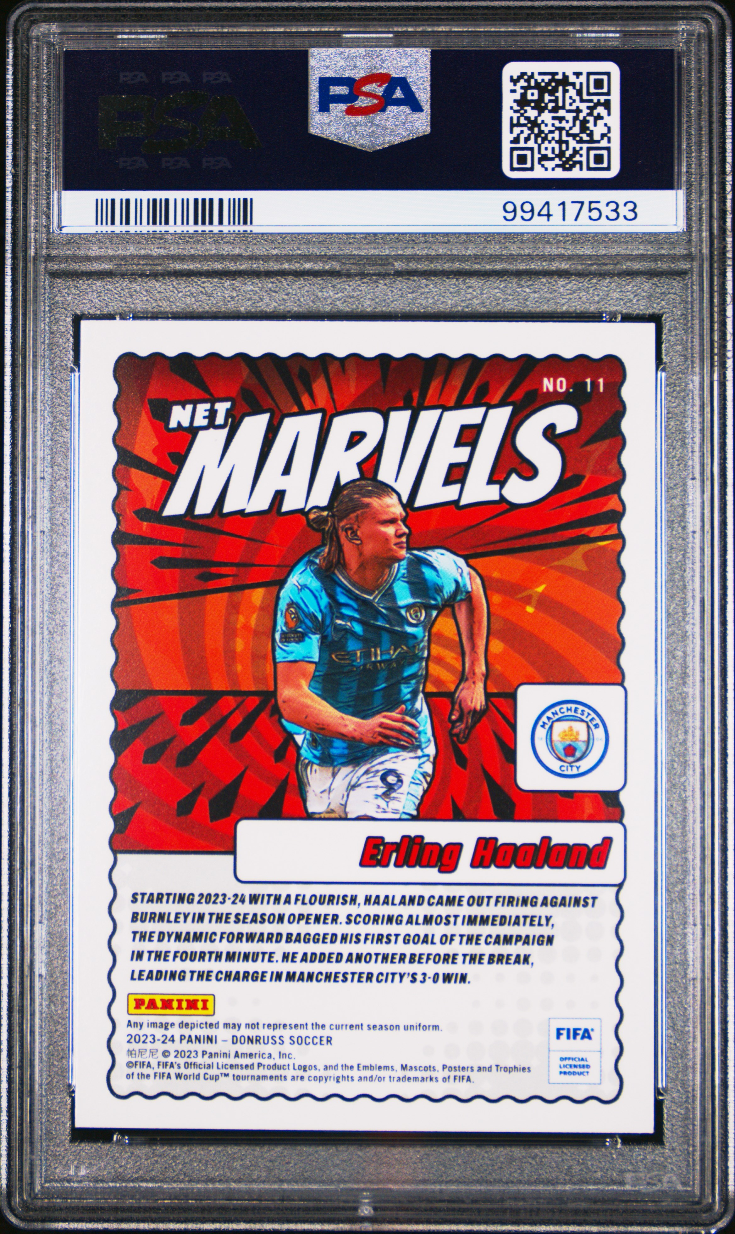 2023-24 Panini Donruss Fifa Net Marvels Erling Haaland #11 Gem Mt 10 back