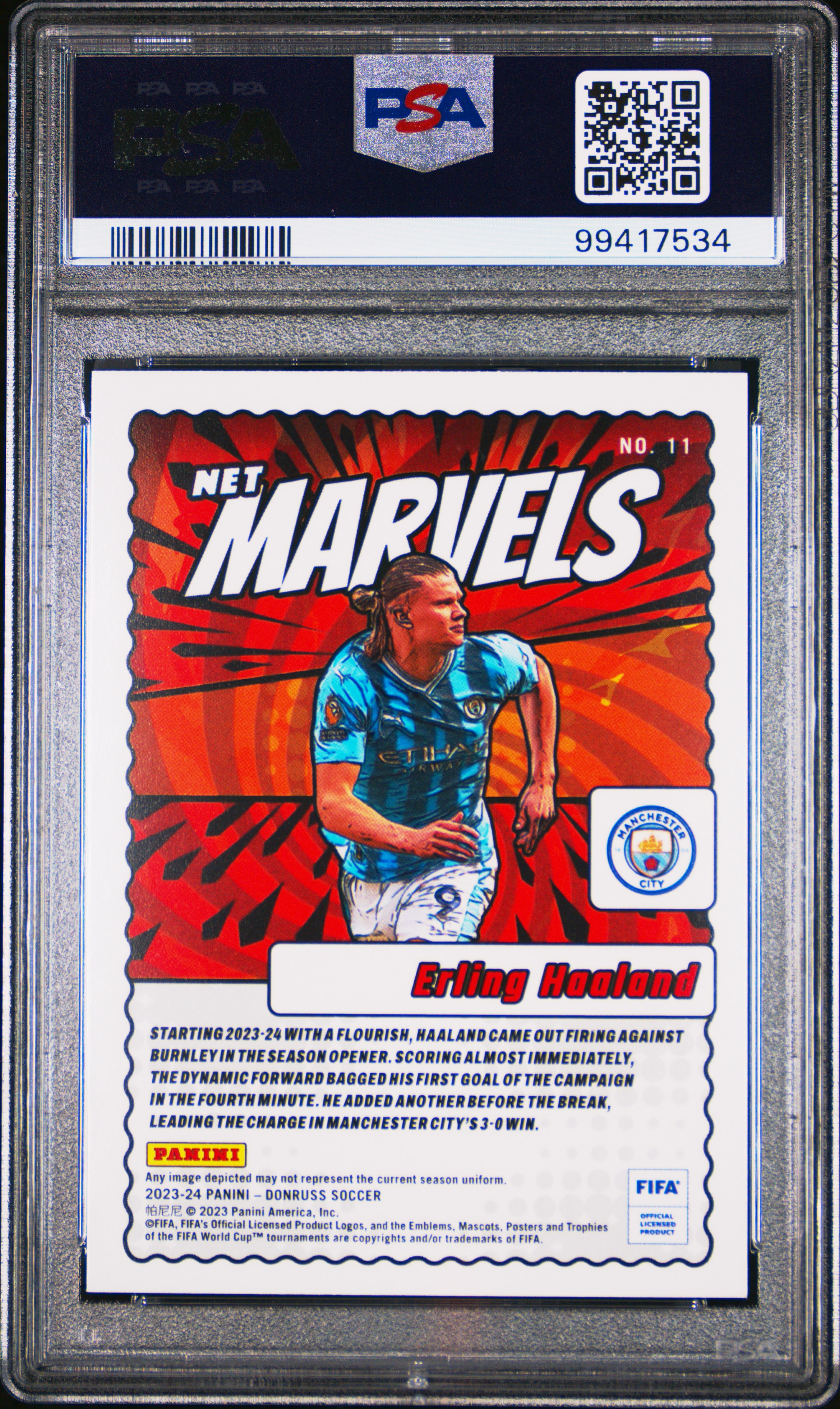 2023-24 Panini Donruss Fifa Net Marvels Erling Haaland #11 Gem Mt 10 back