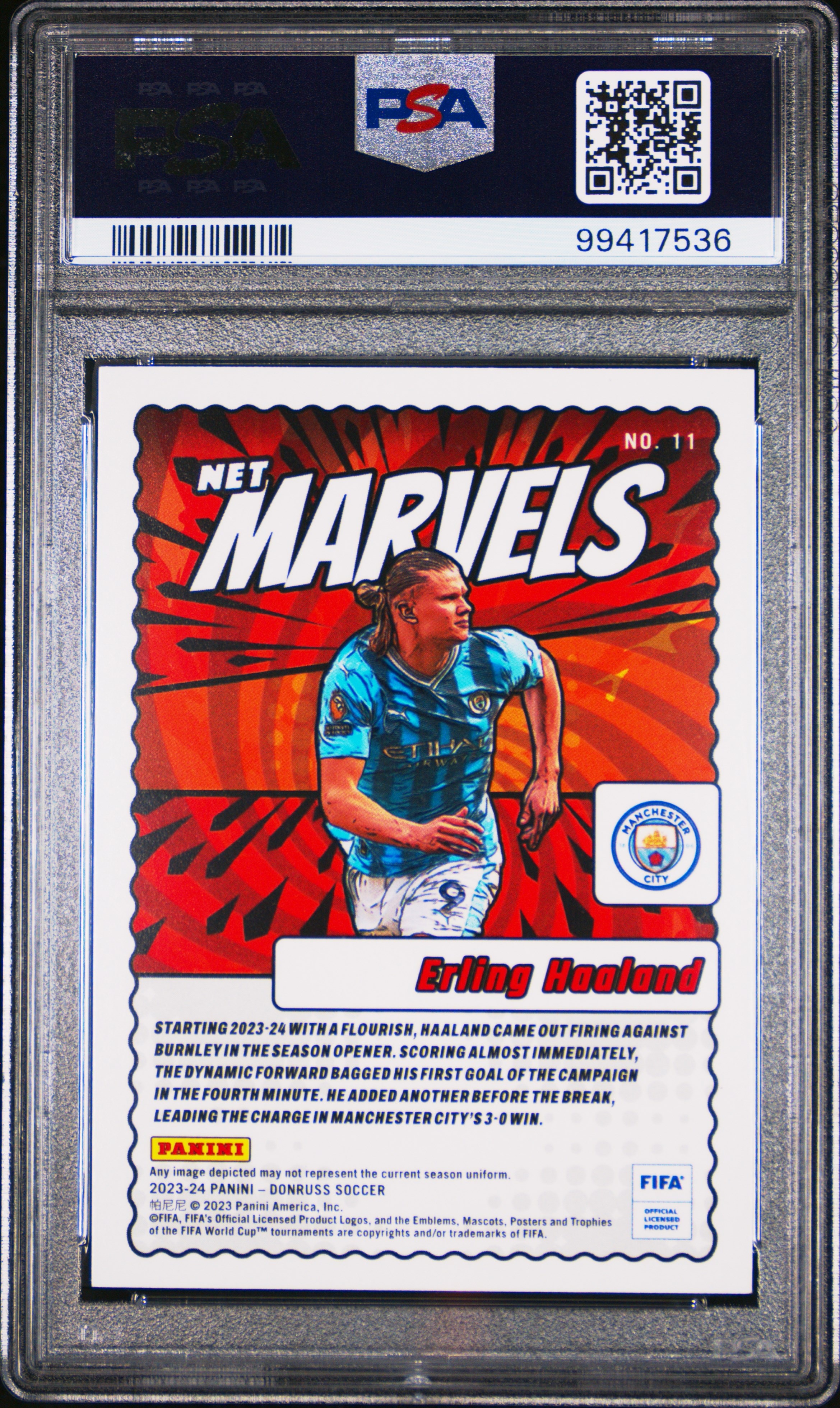 2023-24 Panini Donruss Fifa Net Marvels Erling Haaland #11 Gem Mt 10 back