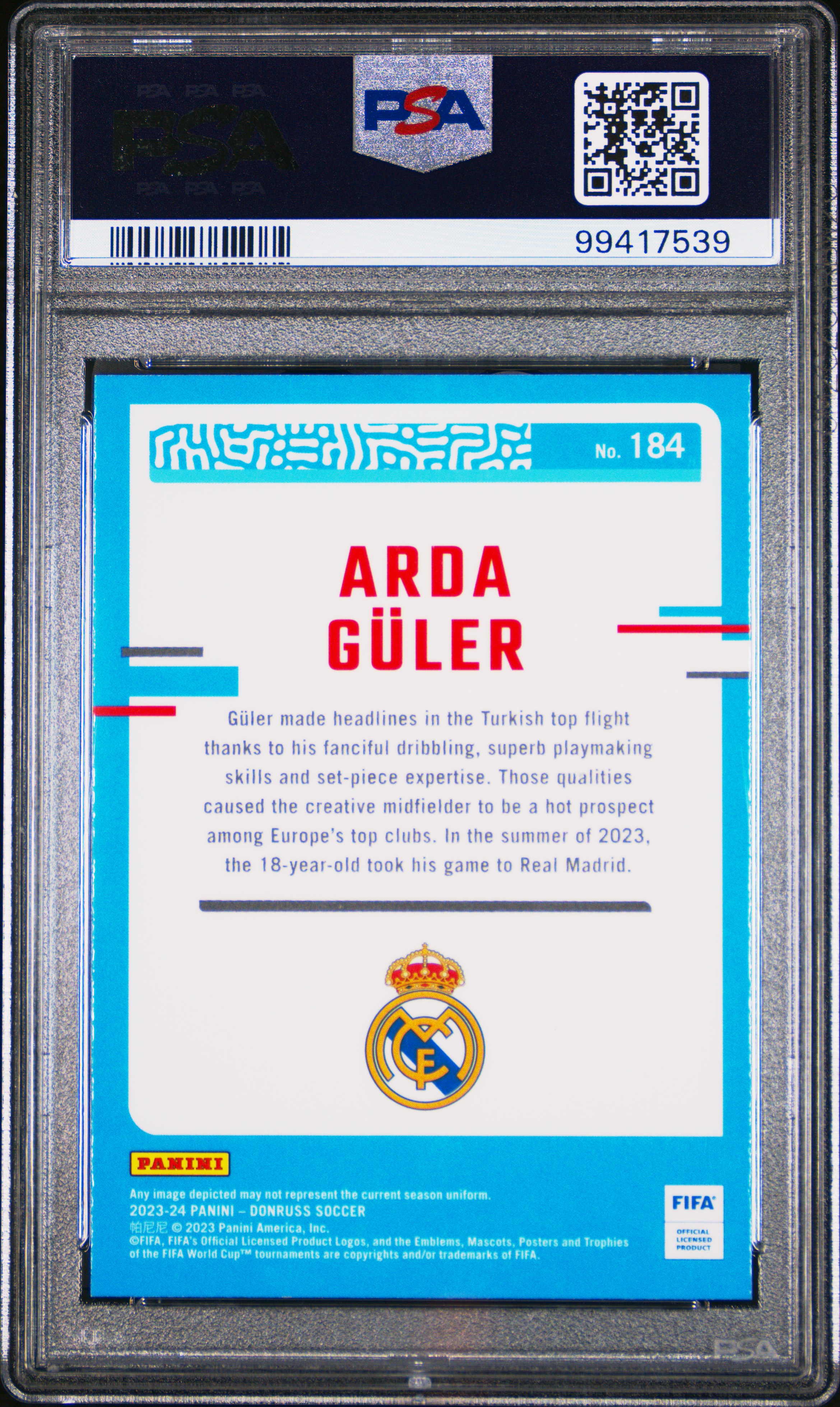2023-24 Panini Donruss Fifa Arda Guler #184 (Optic) Mint 9 back
