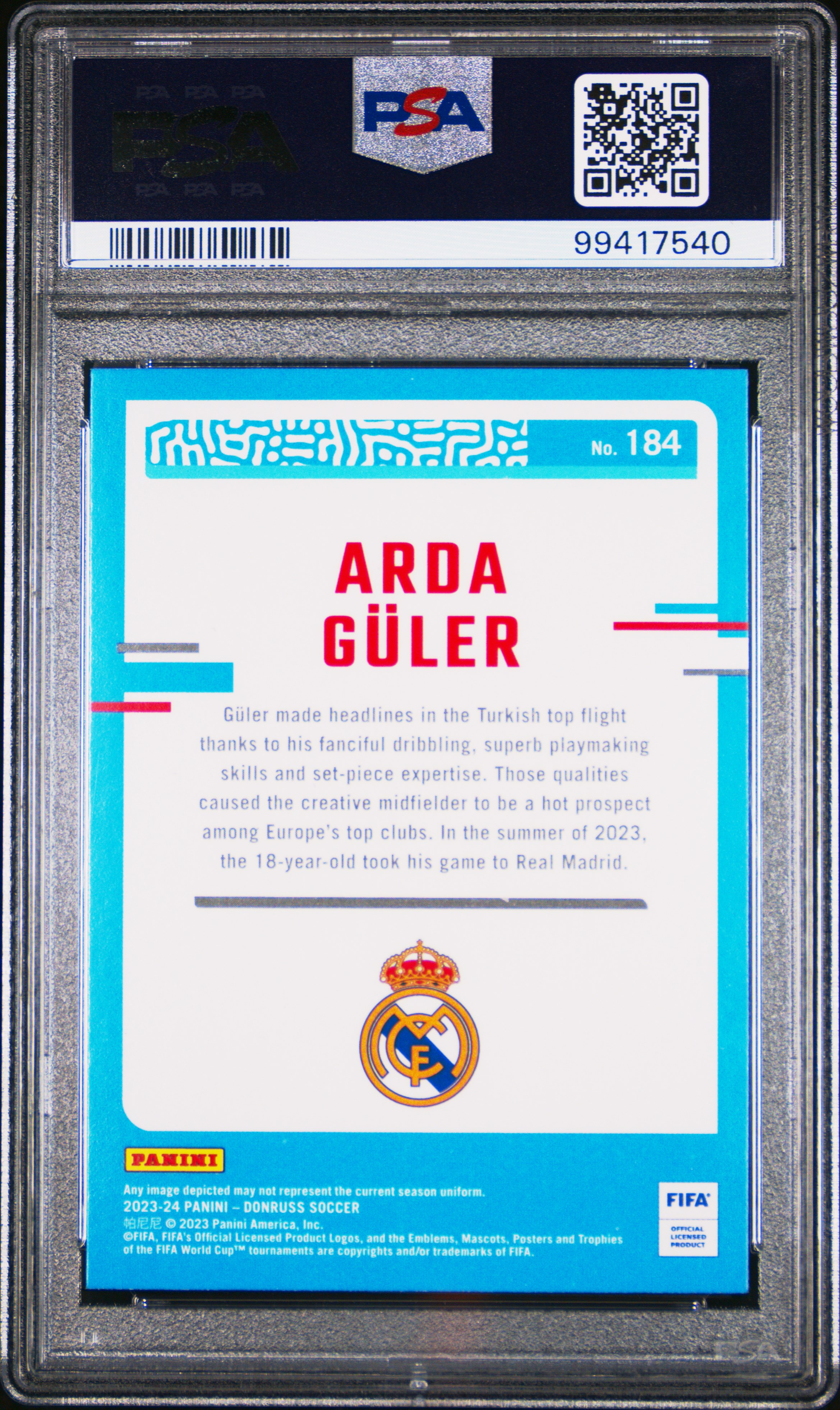 2023-24 Panini Donruss Fifa Arda Guler #184 Gem Mt 10 back