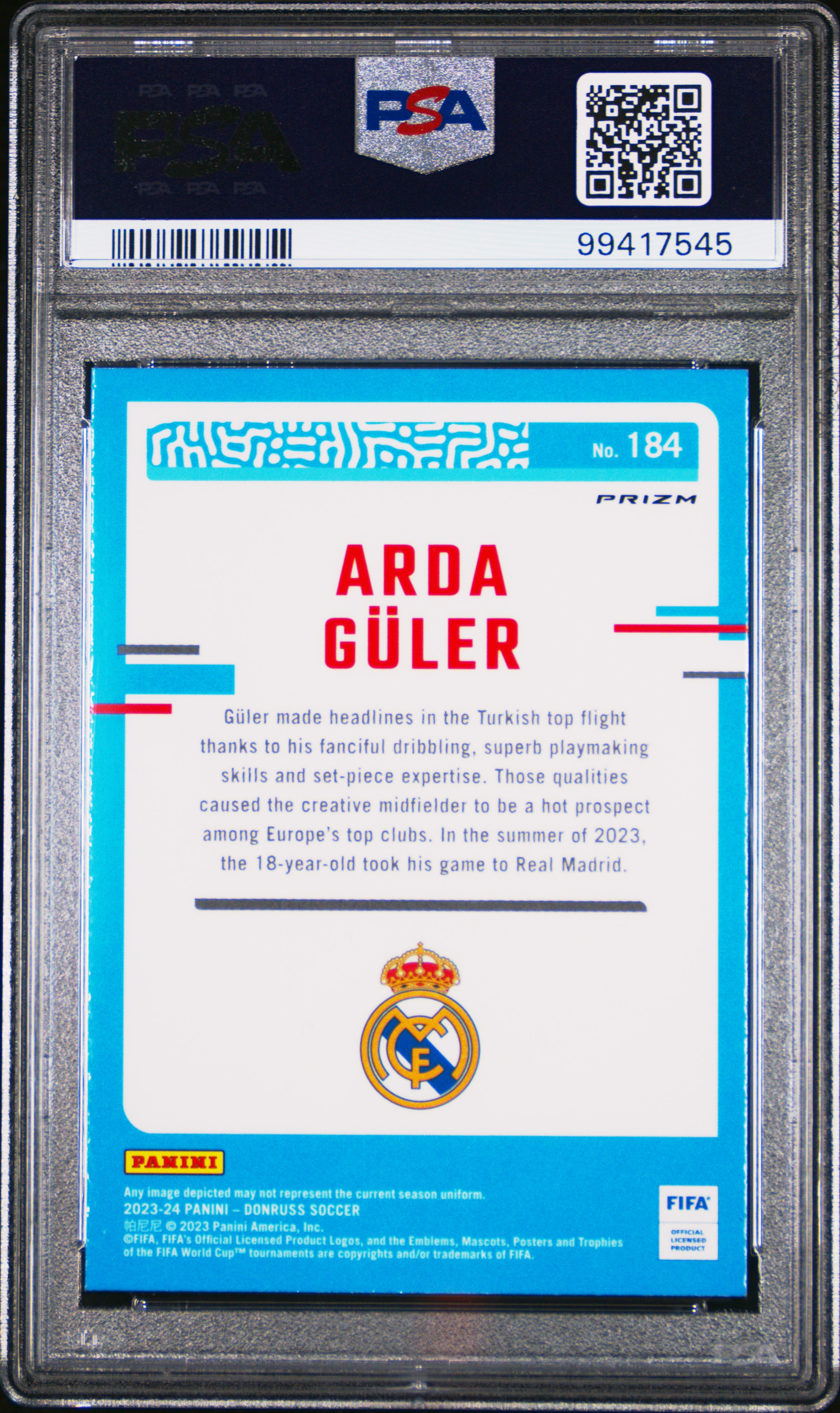 2023-24 Panini Donruss Fifa Arda Guler #184 (Optic-Velocity) Mint 9 back