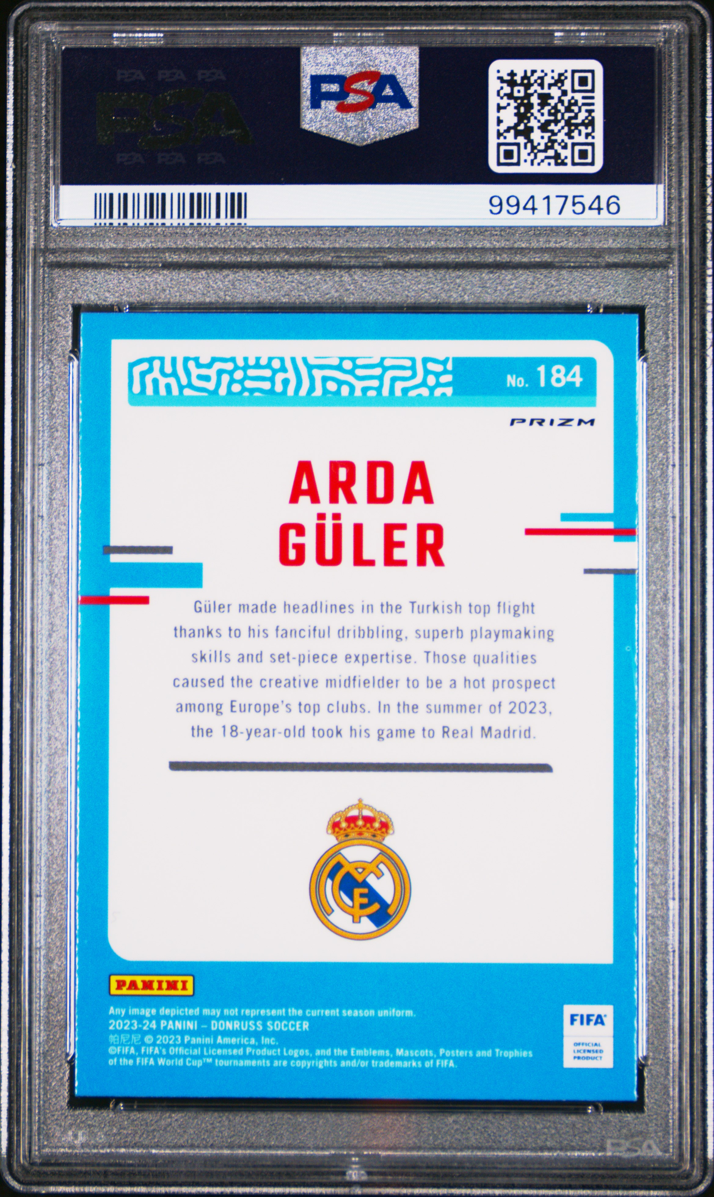 2023-24 Panini Donruss Fifa Arda Guler #184 (Optic-Holo) Gem Mt 10 back