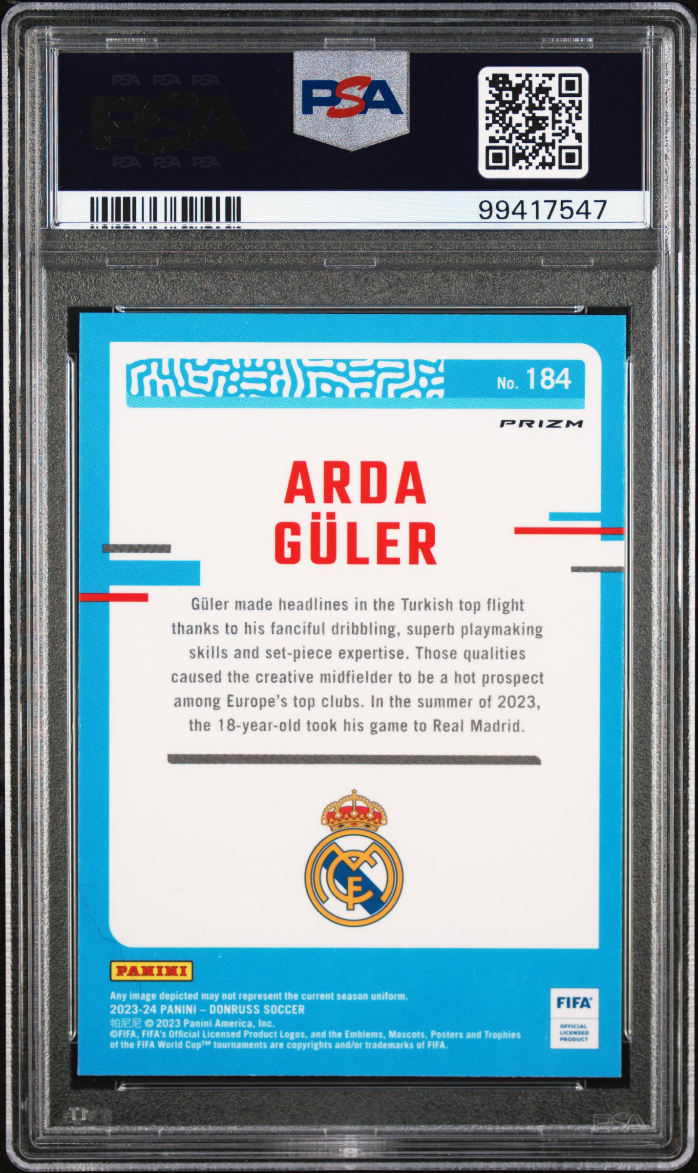 2023-24 Panini Donruss Fifa Arda Guler #184 (Optic-Holo) Gem Mt 10 back