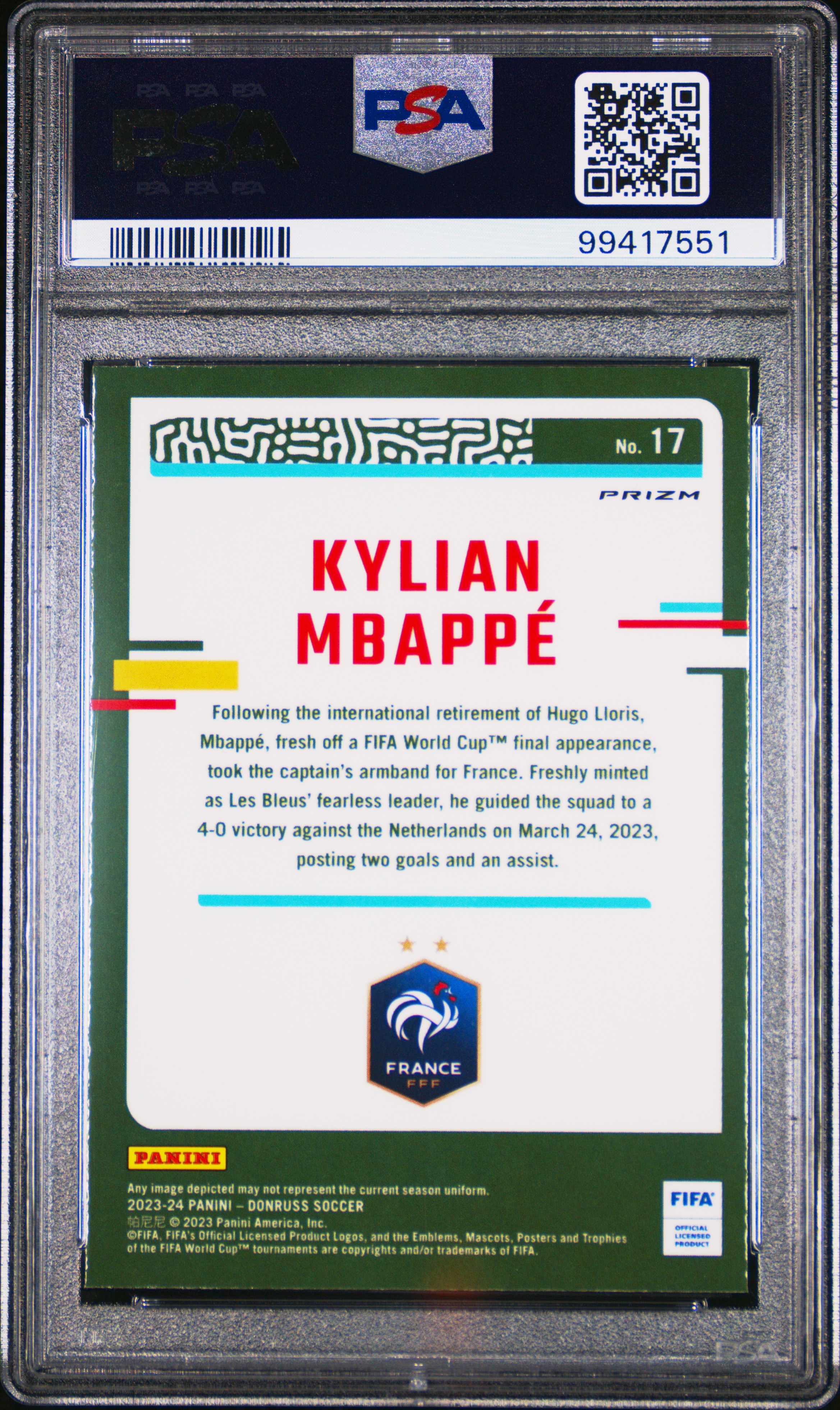 2023-24 Panini Donruss Fifa Kylian Mbappe #17 (Optic-Holo) Gem Mt 10 back