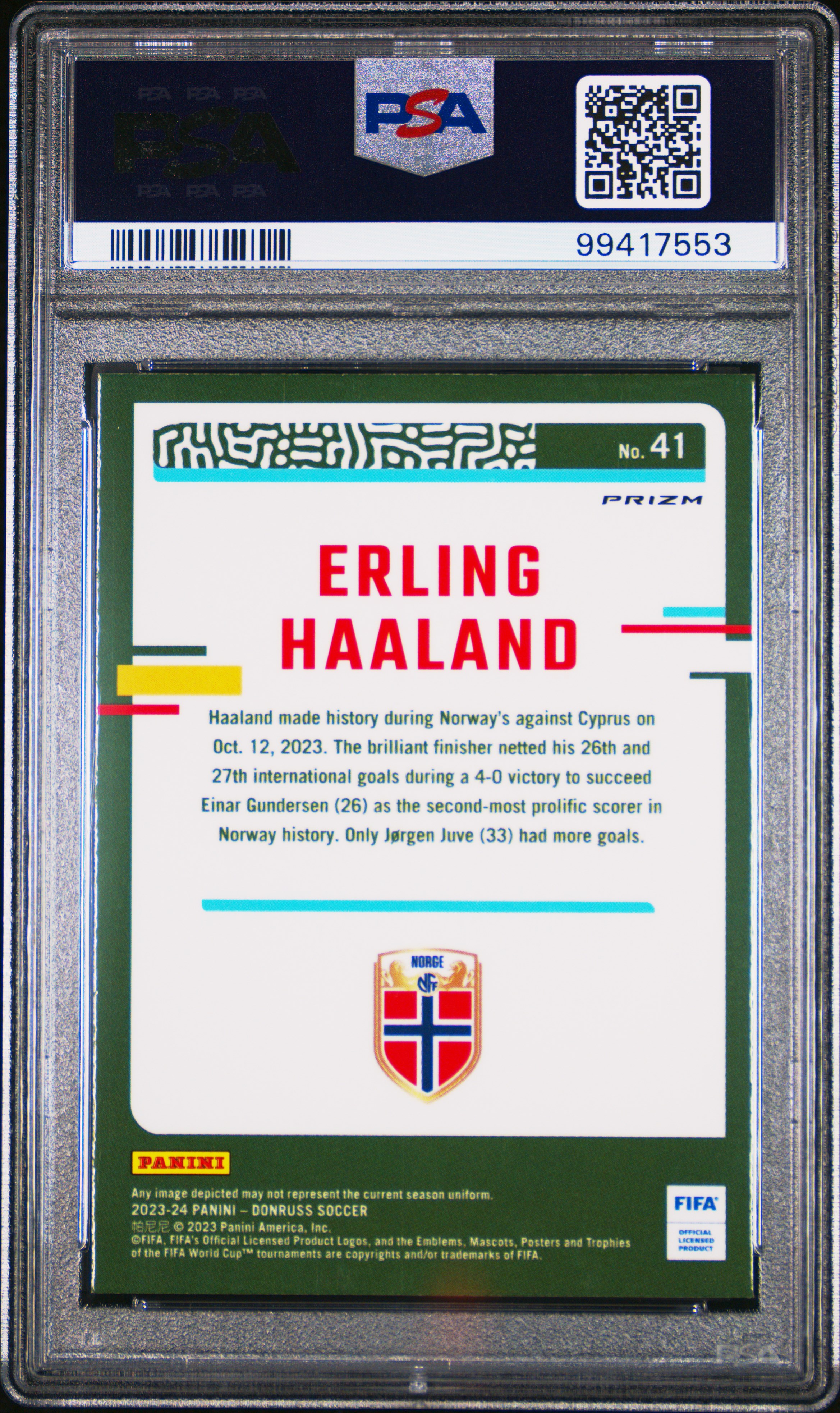 2023-24 Panini Donruss Fifa Erling Haaland #41 (Optic-Holo) Nm-Mt 8 back