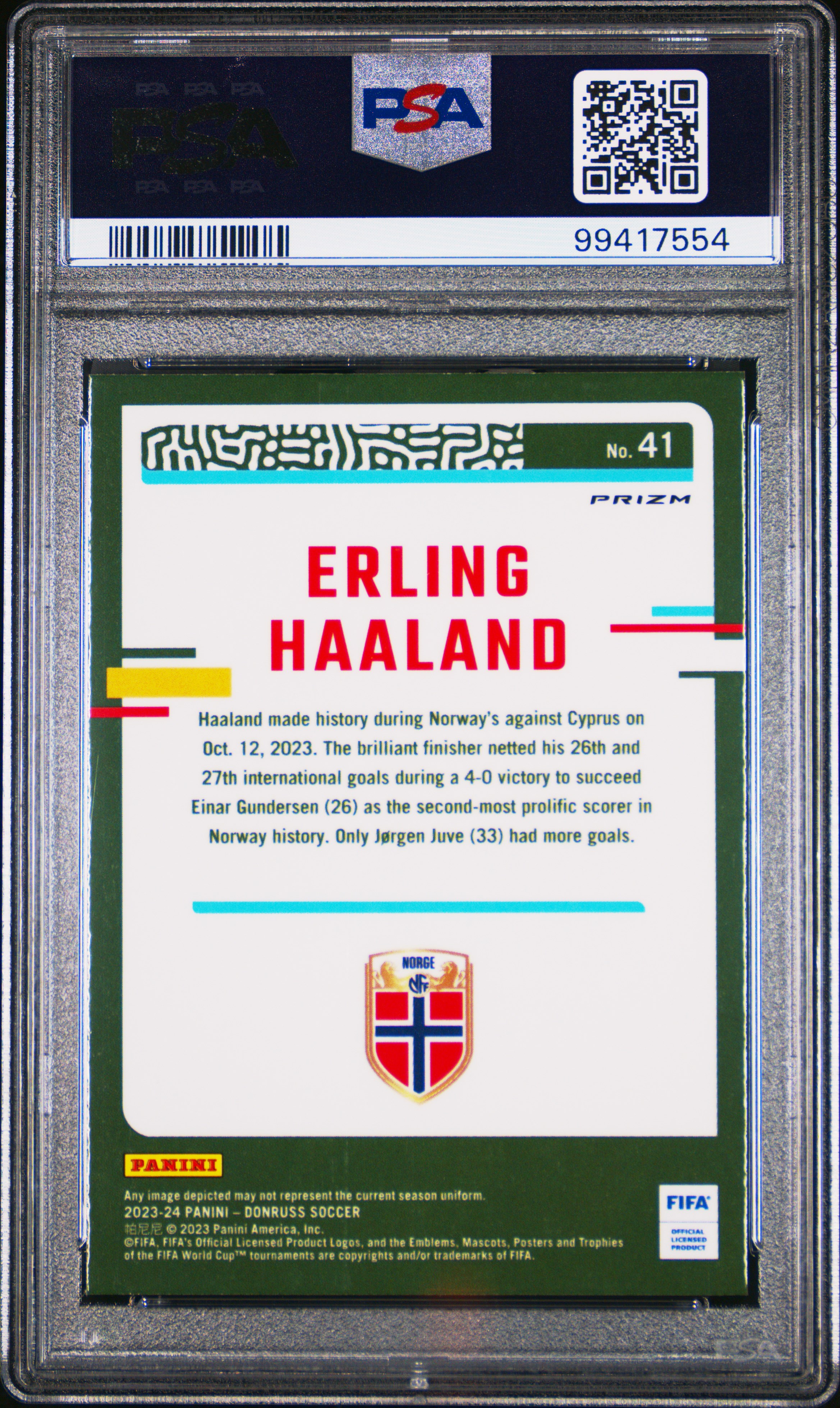 2023-24 Panini Donruss Fifa Erling Haaland #41 (Optic-Holo) Nm-Mt 8 back