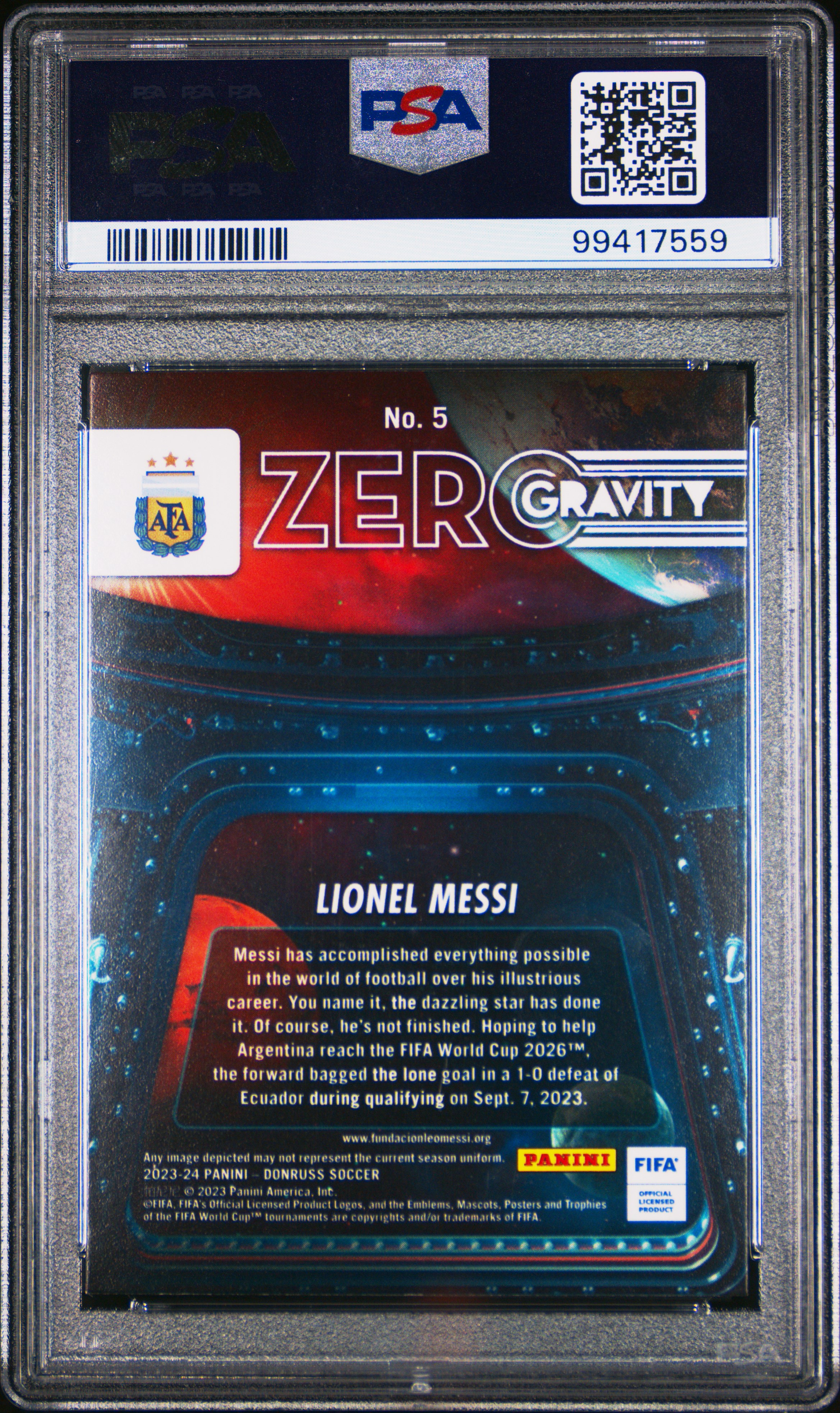 2023-24 Panini Donruss Fifa Zero Gravity Lionel Messi #5 Mint 9 back