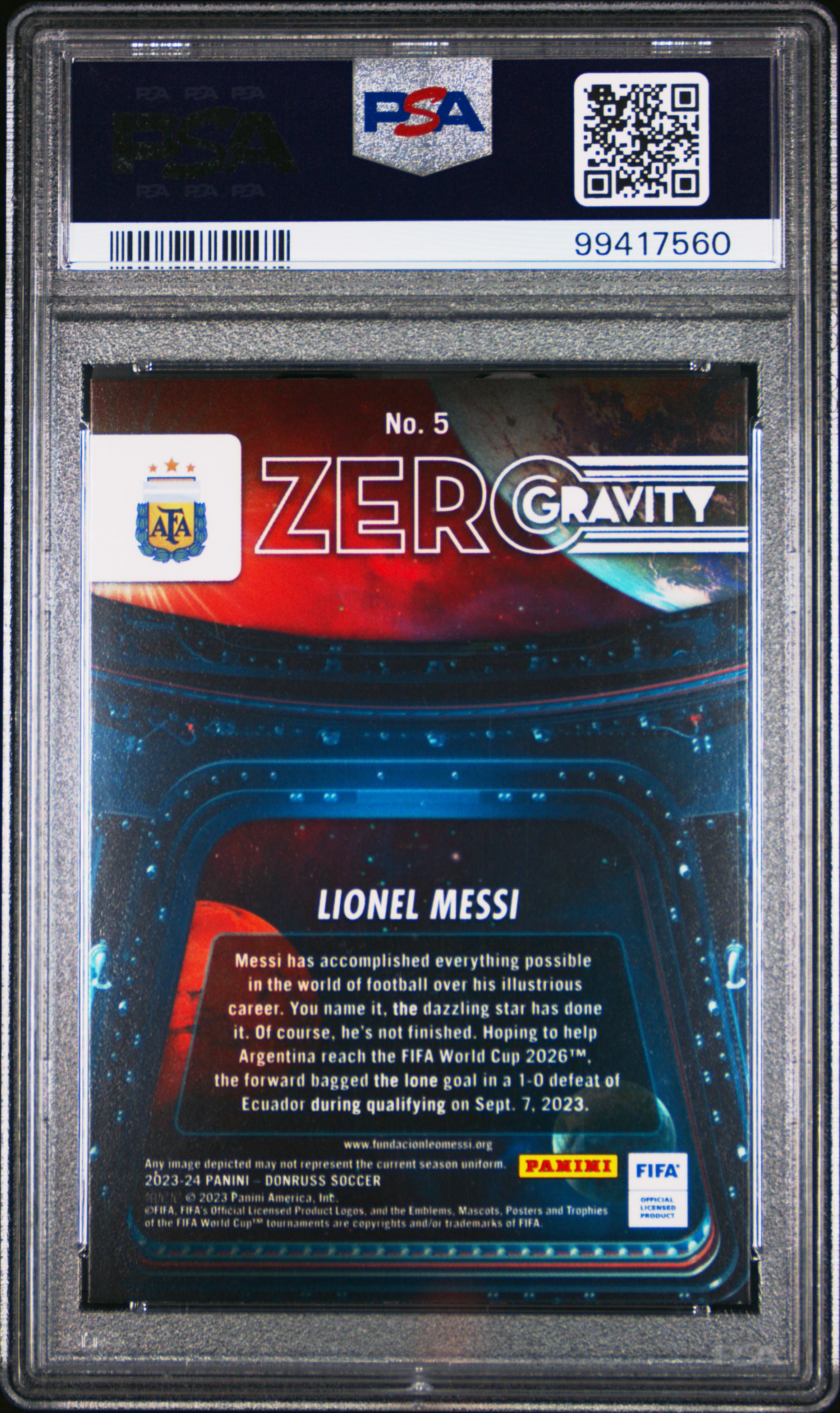 2023-24 Panini Donruss Fifa Zero Gravity Lionel Messi #5 Mint 9 back
