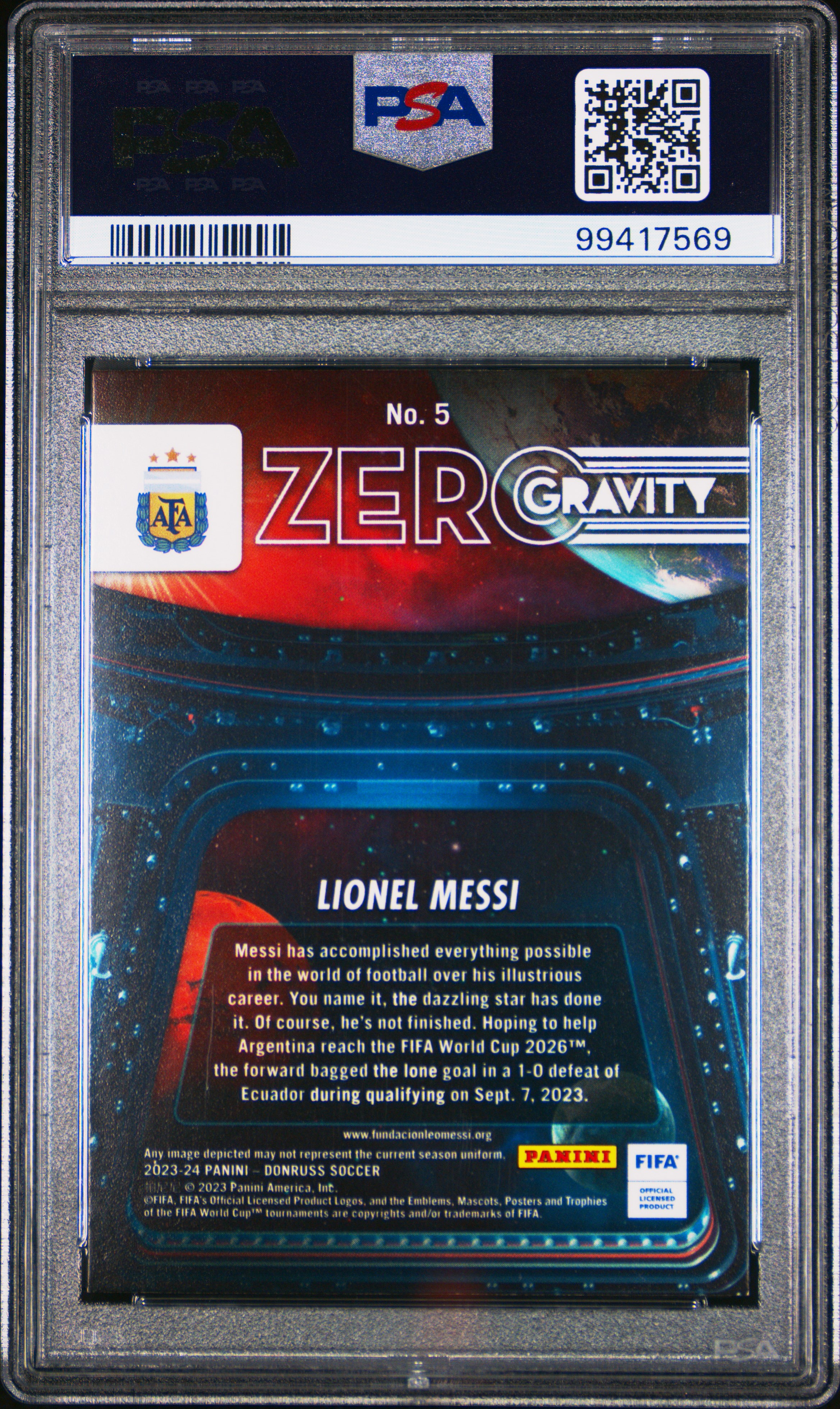2023-24 Panini Donruss Fifa Zero Gravity Lionel Messi #5 Nm 7 back