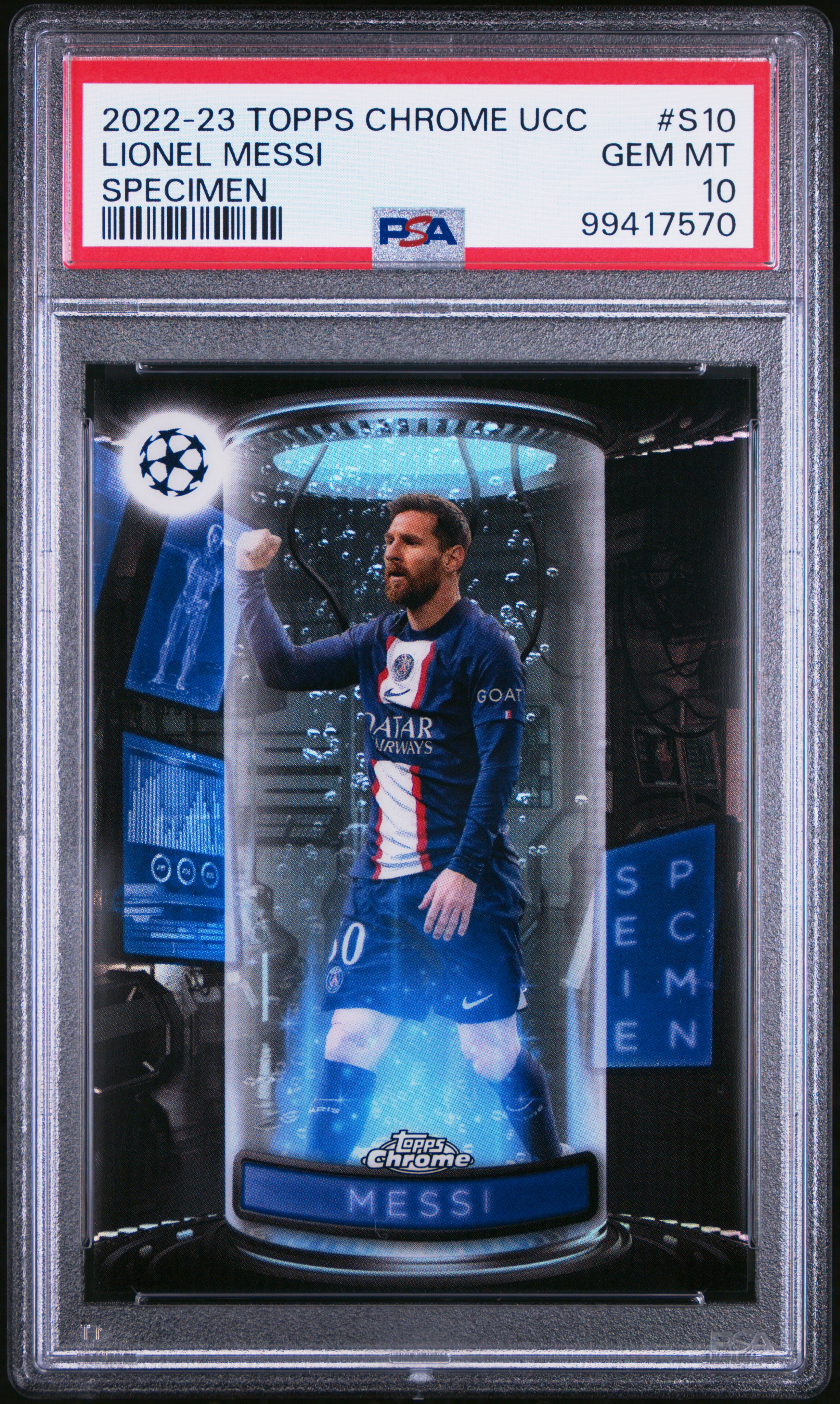 2022-23 Topps Chrome Uefa Club Competitions Specimen Lionel Messi #S10 Gem Mt 10 front