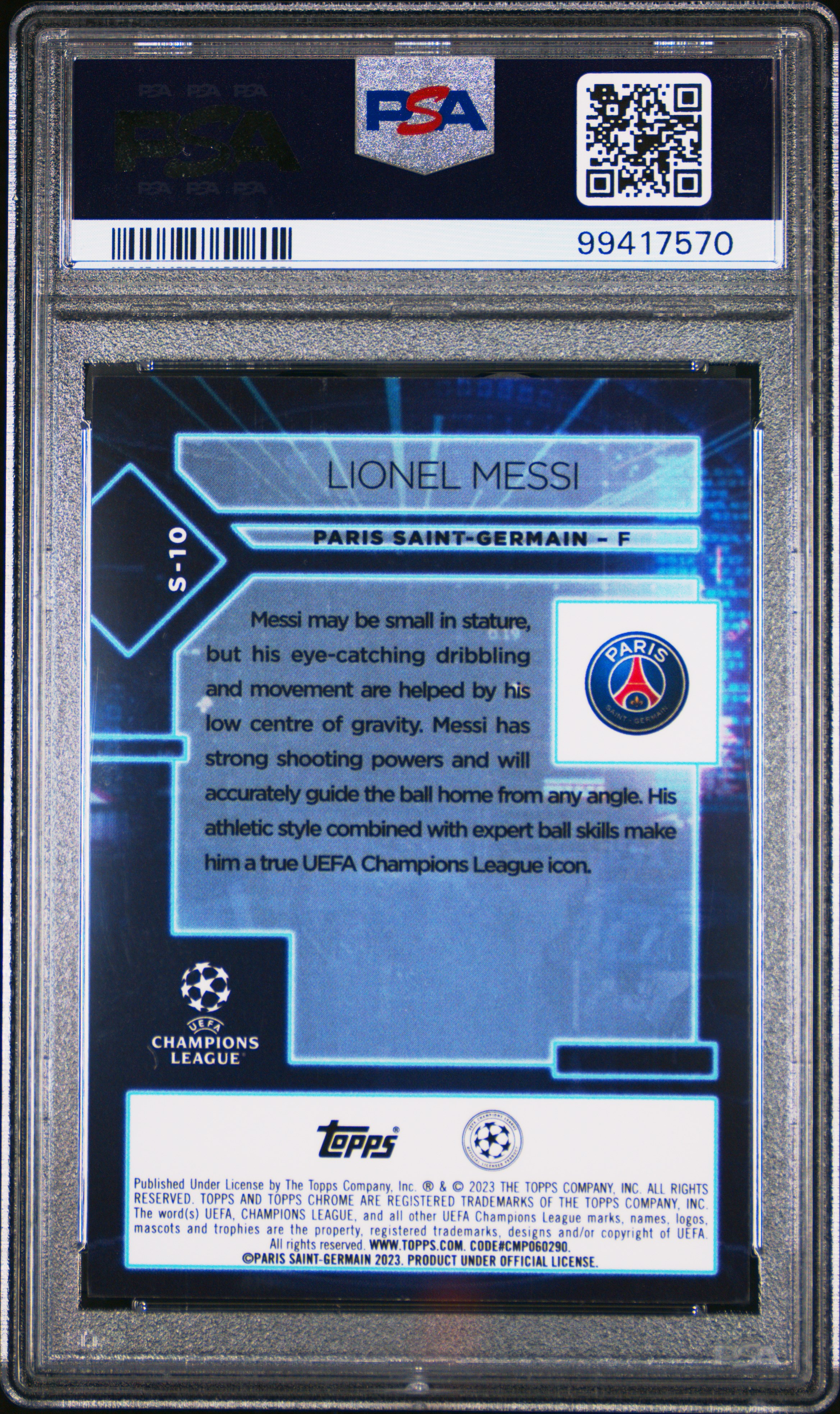 2022-23 Topps Chrome Uefa Club Competitions Specimen Lionel Messi #S10 Gem Mt 10 back