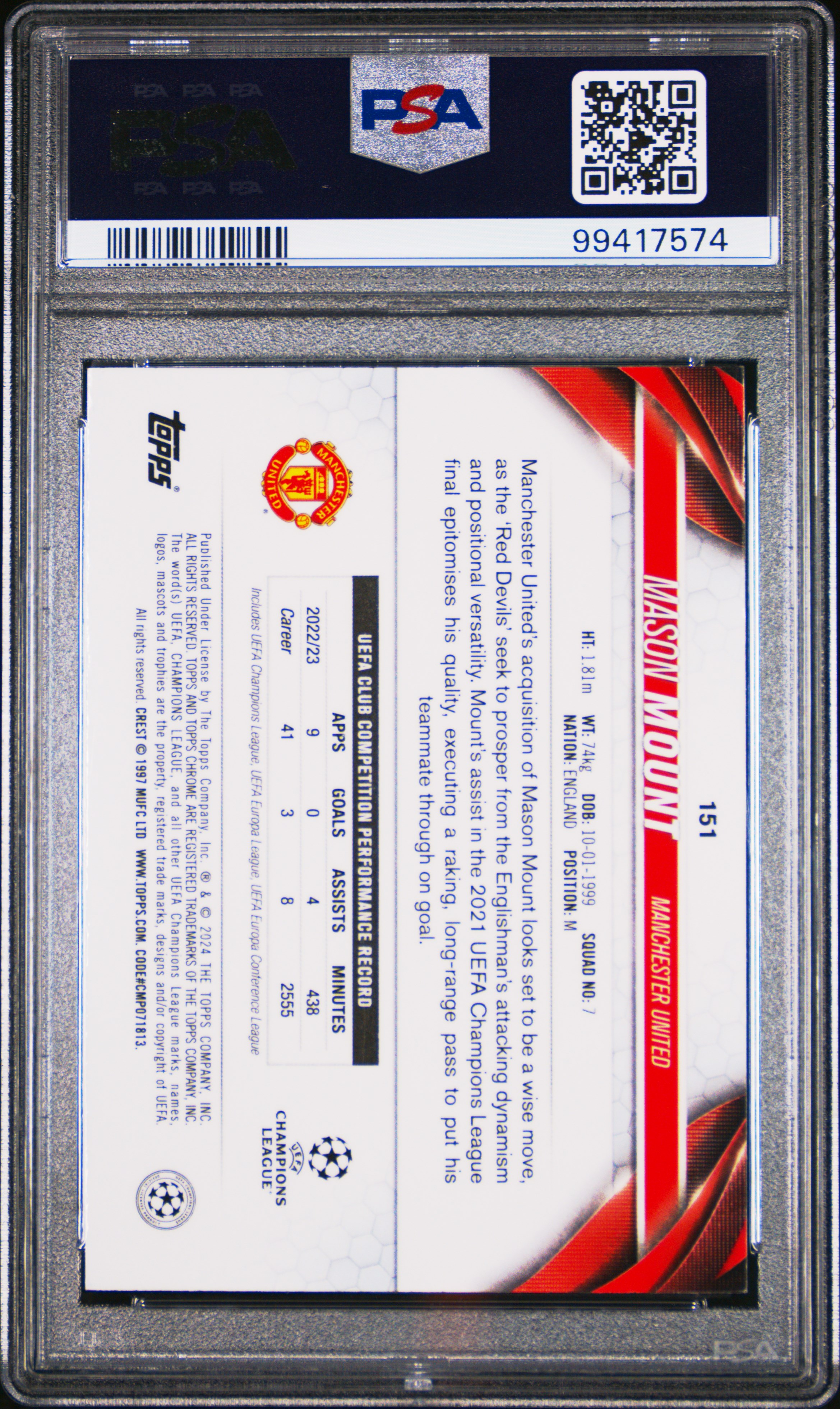 2023-24 Topps Chrome Uefa Club Competitions Mason Mount #151 (Green Refractor) Gem Mt 10 back