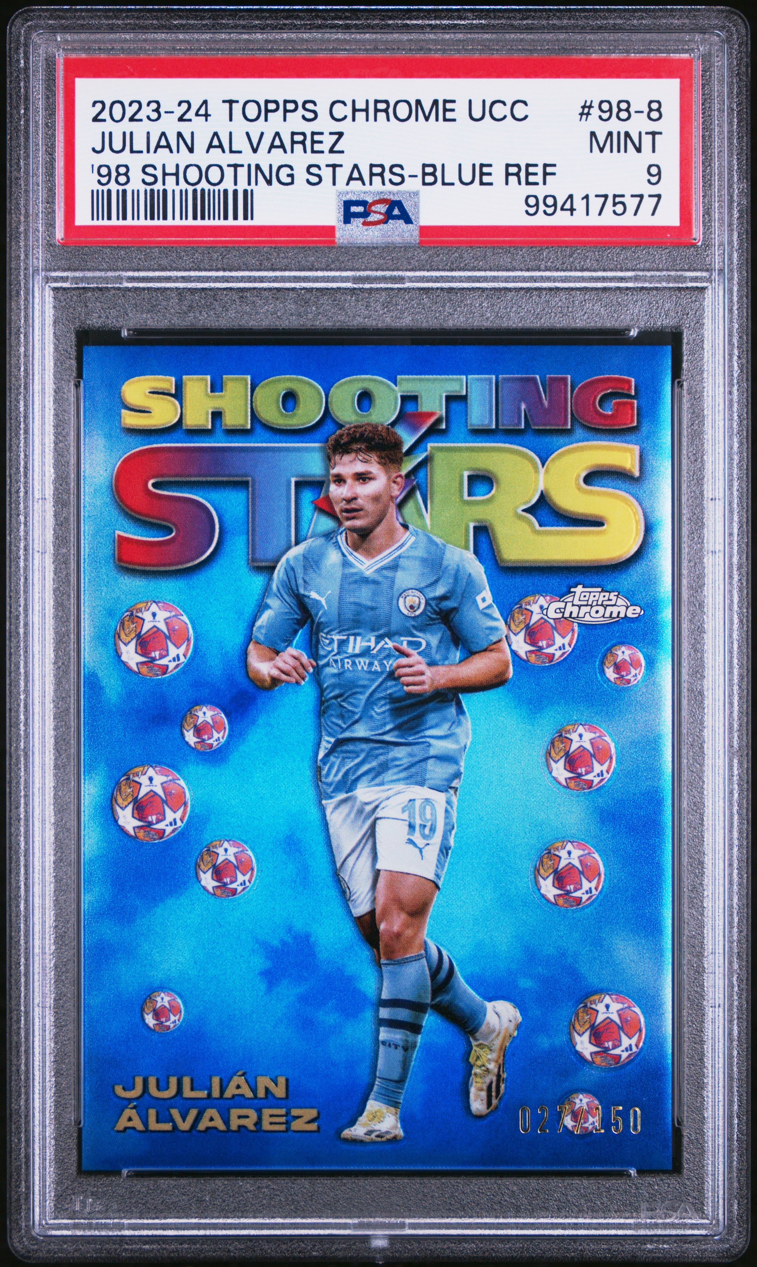 2023-24 Topps Chrome Uefa Club Competitions 1998 Topps Chrome Shooting Stars Julian Alvarez #98-8 ('98 Shooting Stars-Blue Ref) Mint 9 front