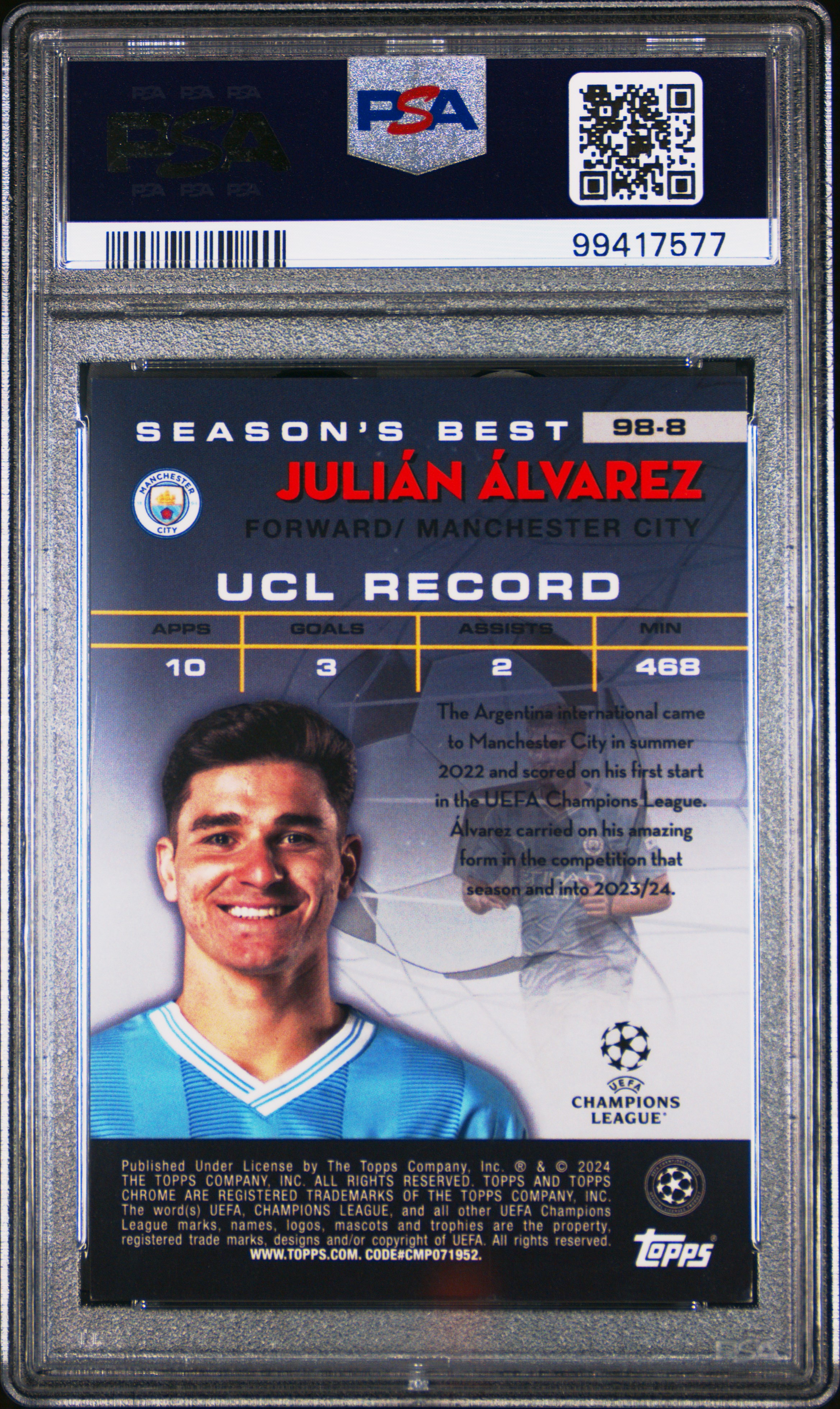 2023-24 Topps Chrome Uefa Club Competitions 1998 Topps Chrome Shooting Stars Julian Alvarez #98-8 ('98 Shooting Stars-Blue Ref) Mint 9 back