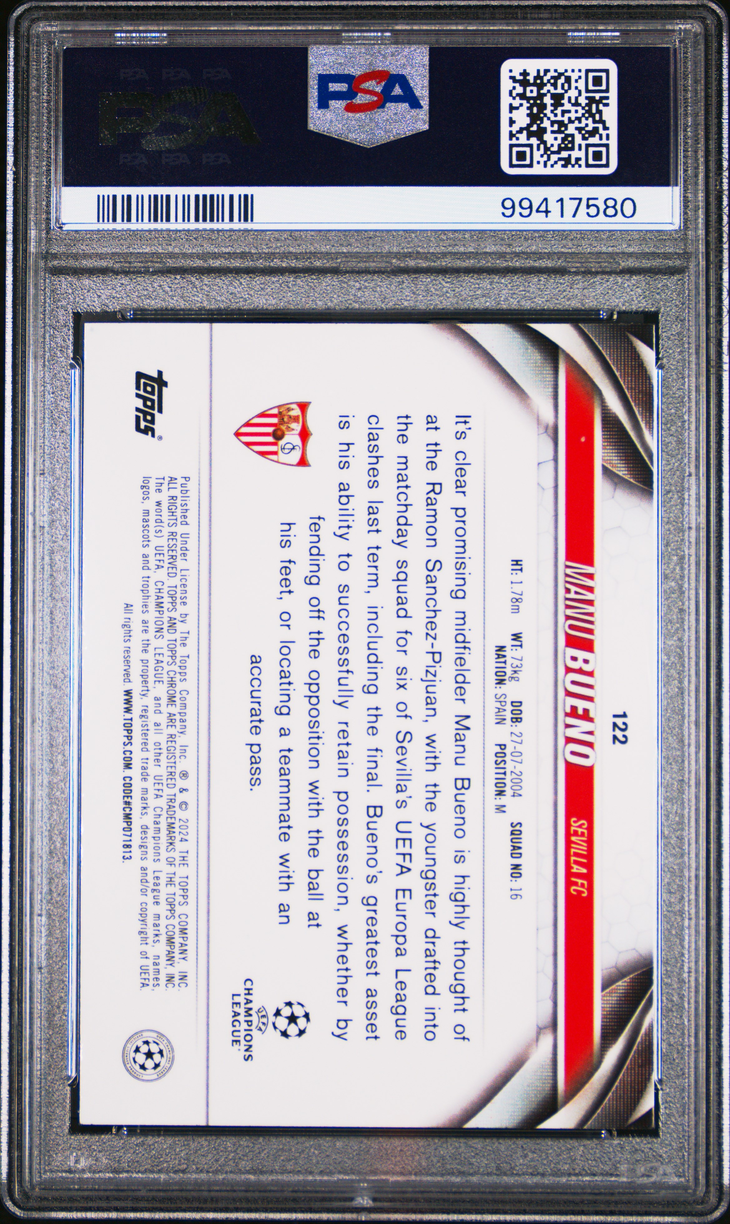 2023-24 Topps Chrome Uefa Club Competitions Manu Bueno #122 (Magenta Prism Refractor) Nm-Mt 8 back