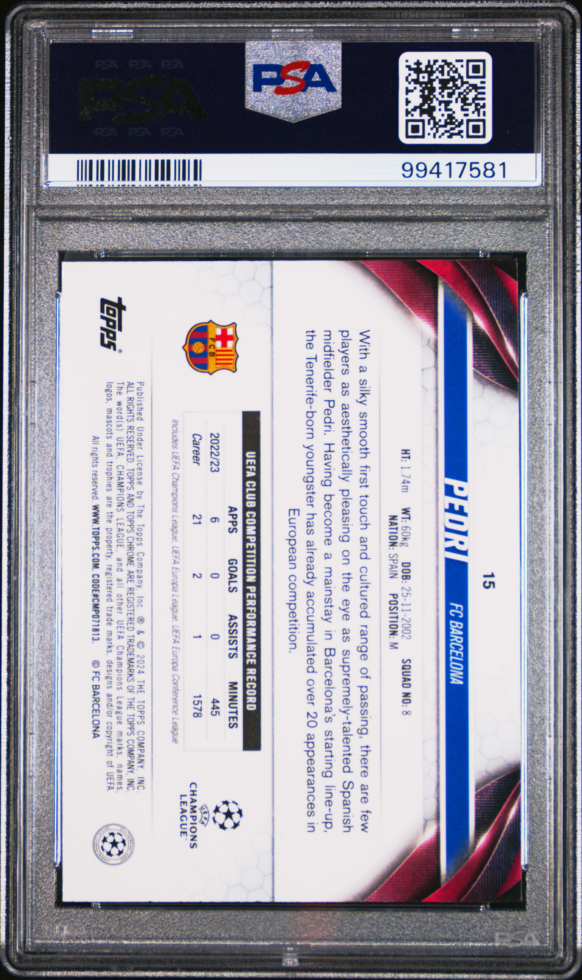 2023-24 Topps Chrome Uefa Club Competitions Pedri #15 (Violet Speckle Refractor) Gem Mt 10 back