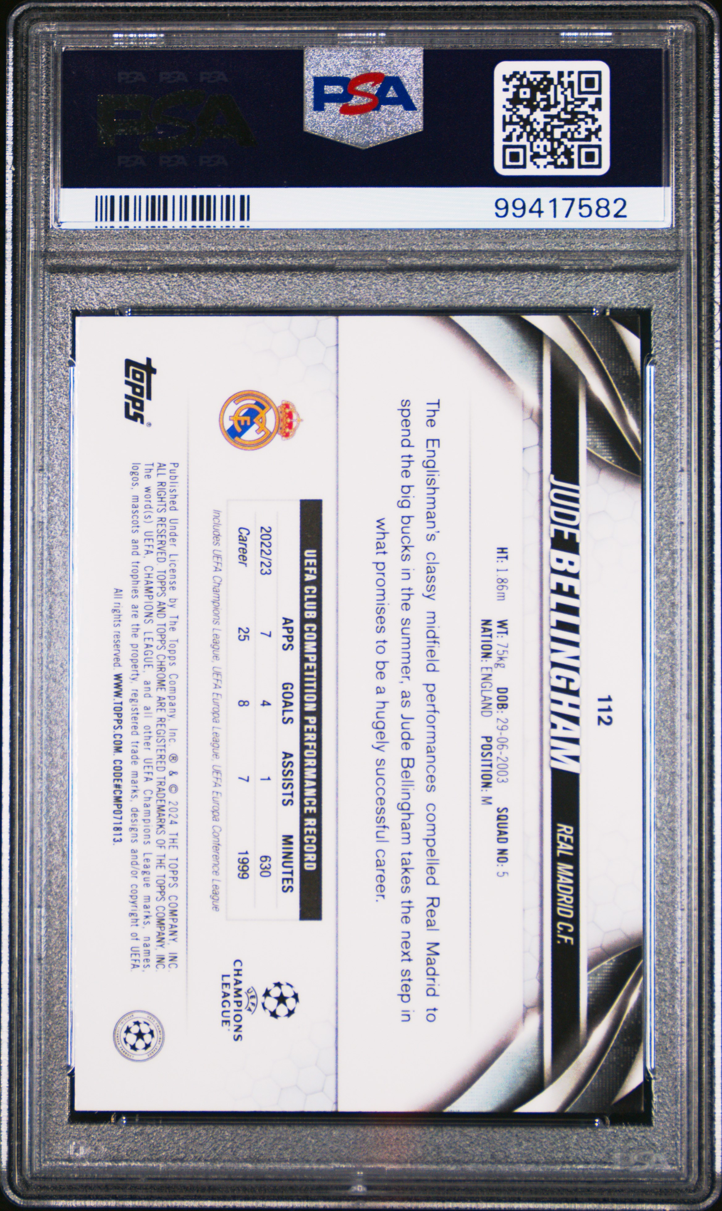 2023-24 Topps Chrome Uefa Club Competitions Jude Bellingham #112 (Aqua Prism Refractor) Gem Mt 10 back