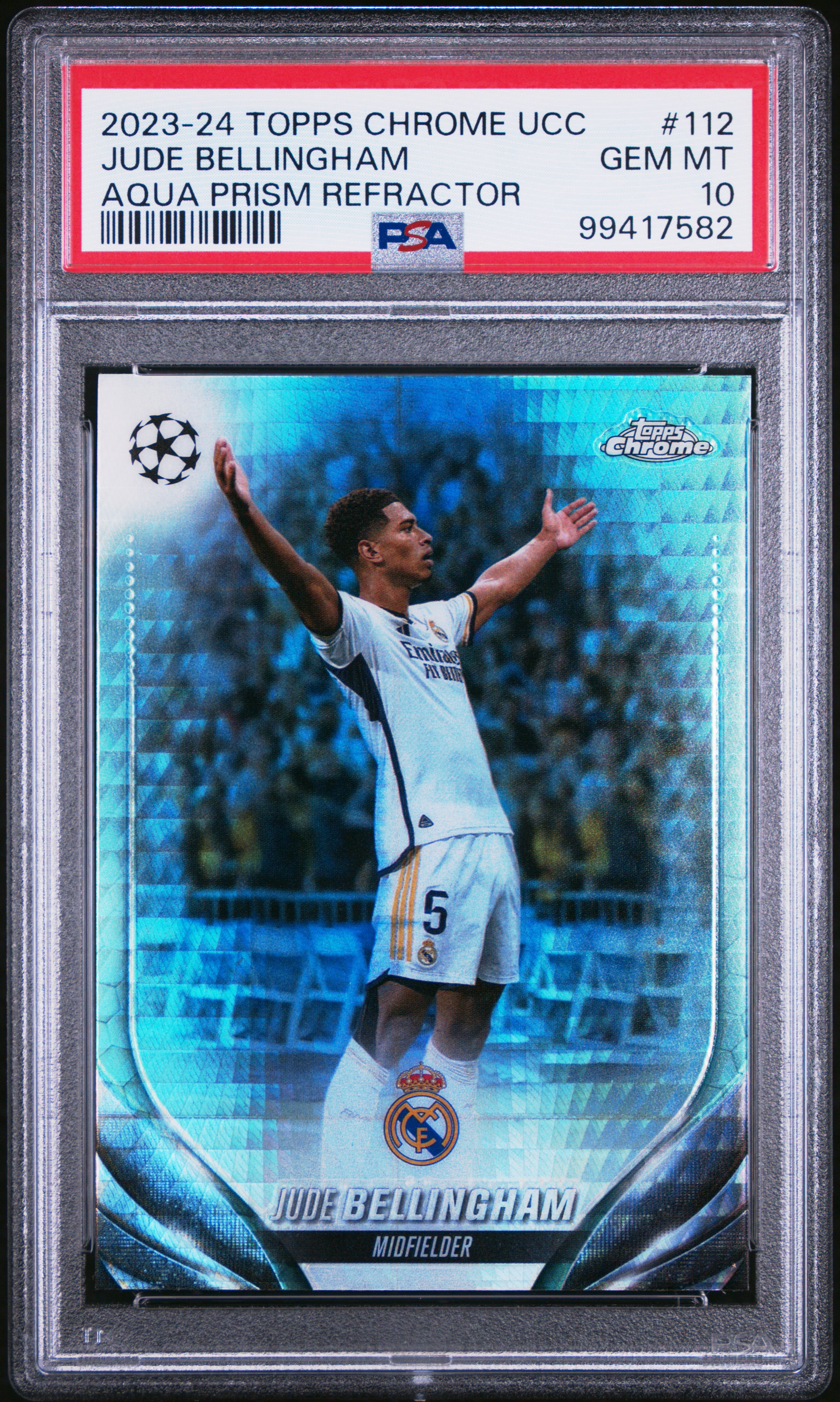 2023-24 Topps Chrome Uefa Club Competitions Jude Bellingham #112 (Aqua Prism Refractor) Gem Mt 10 front
