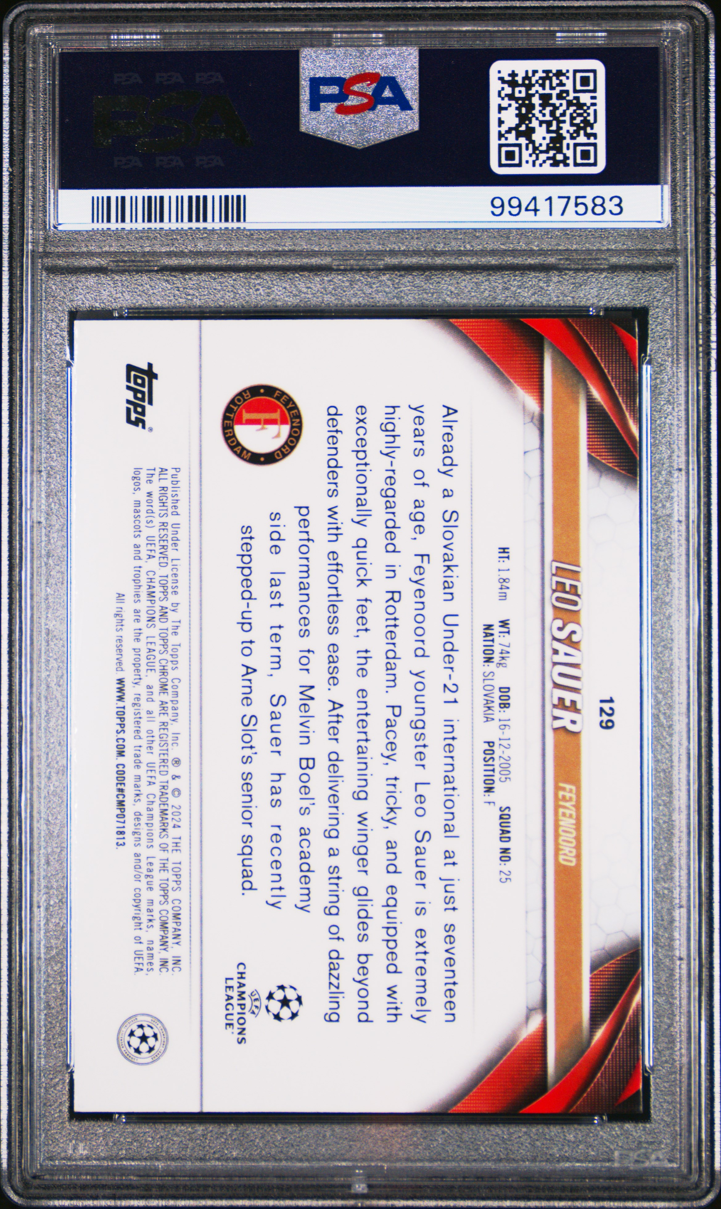 2023-24 Topps Chrome Uefa Club Competitions Leo Sauer #129 (Magenta Prism Refractor) Gem Mt 10 back