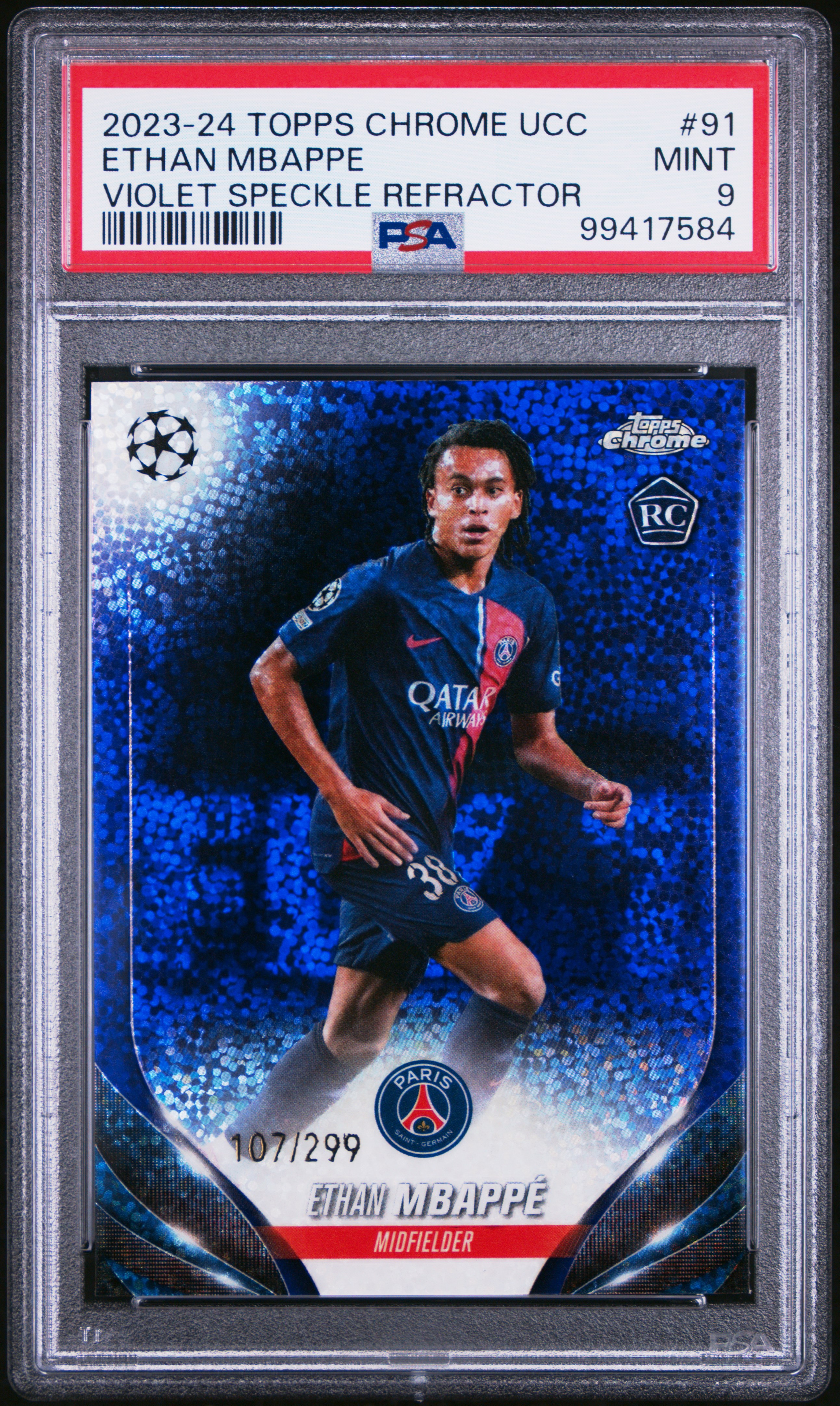 2023-24 Topps Chrome Uefa Club Competitions Ethan Mbappe #91 (Violet Speckle Refractor) Mint 9 front