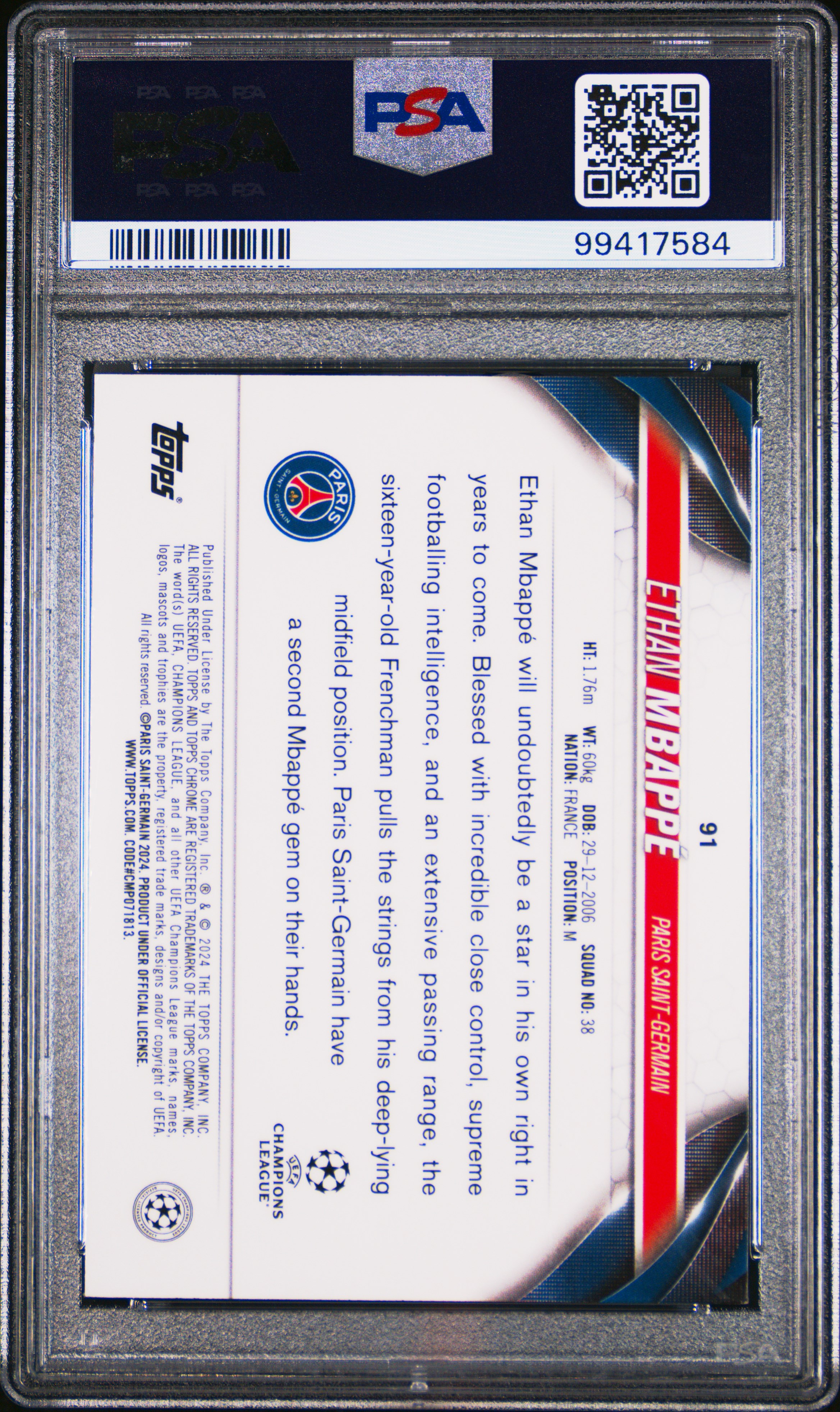 2023-24 Topps Chrome Uefa Club Competitions Ethan Mbappe #91 (Violet Speckle Refractor) Mint 9 back