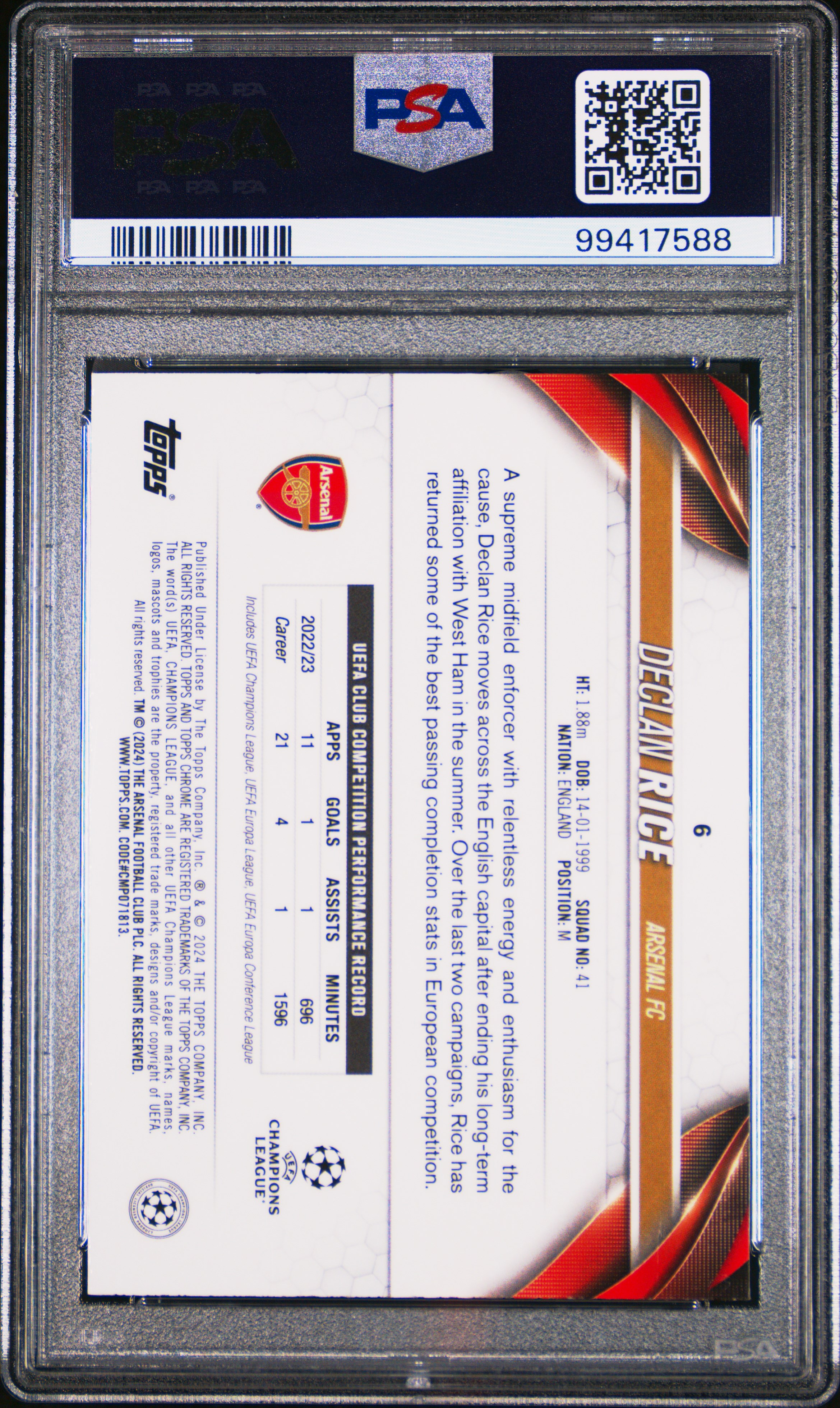 2023-24 Topps Chrome Uefa Club Competitions Declan Rice #6 (Magenta Prism Refractor) Gem Mt 10 back