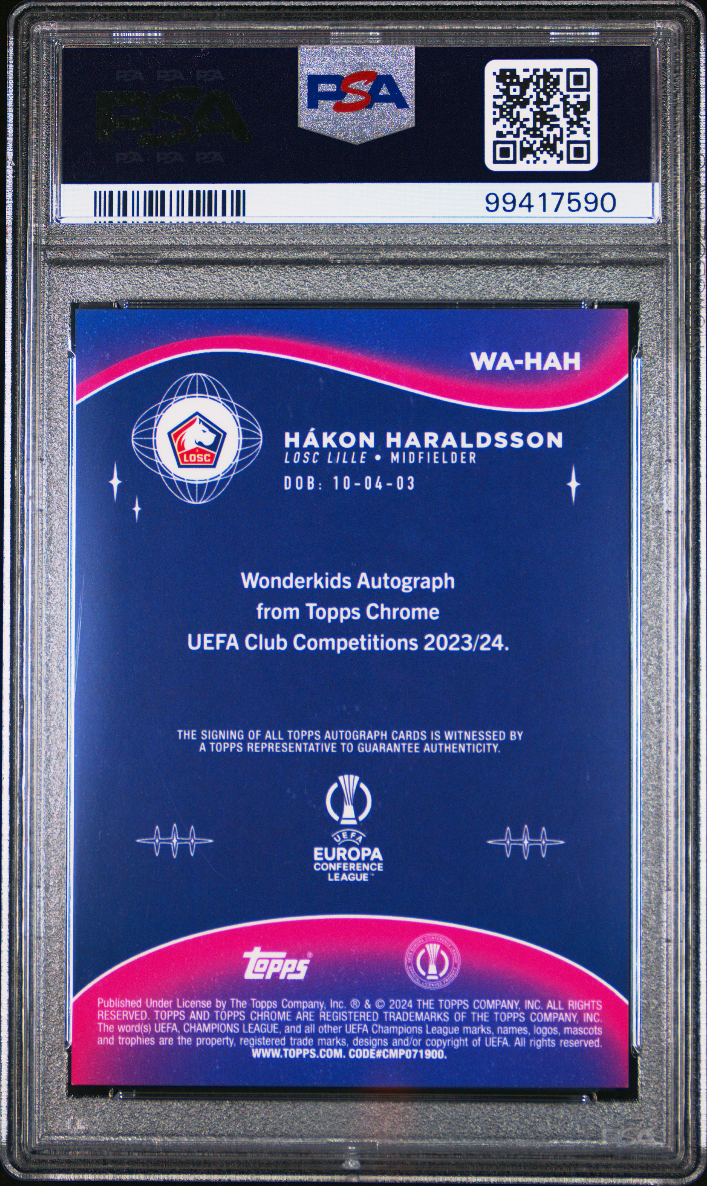 2023-24 Topps Chrome Uefa Club Competitions Wonderkids Autographs Hakon Haraldsson #Hah Gem Mt 10 back