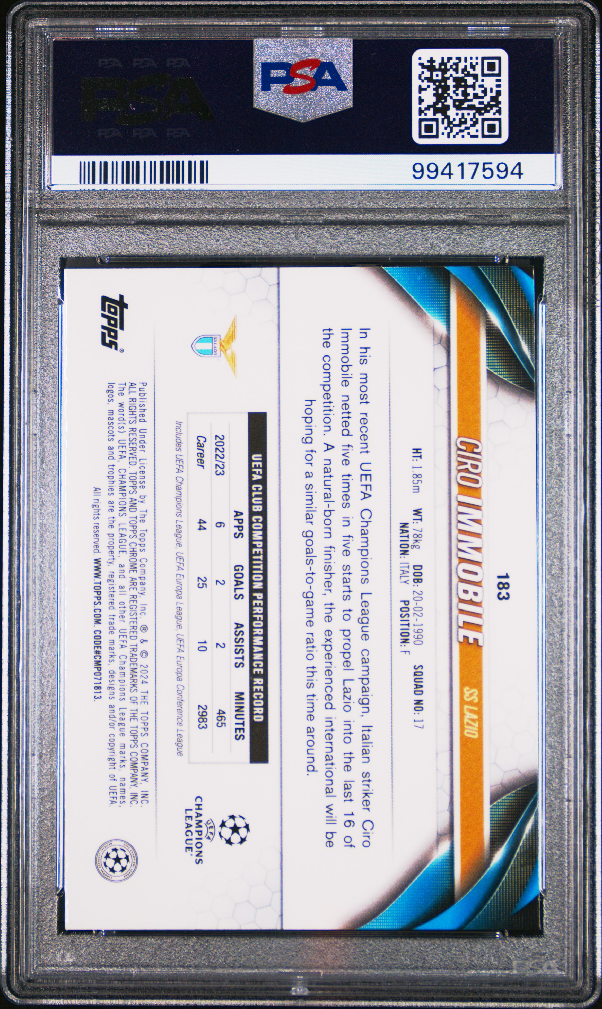 2023-24 Topps Chrome Uefa Club Competitions Ciro Immobile #183 (Toppsfractor) Mint 9 back