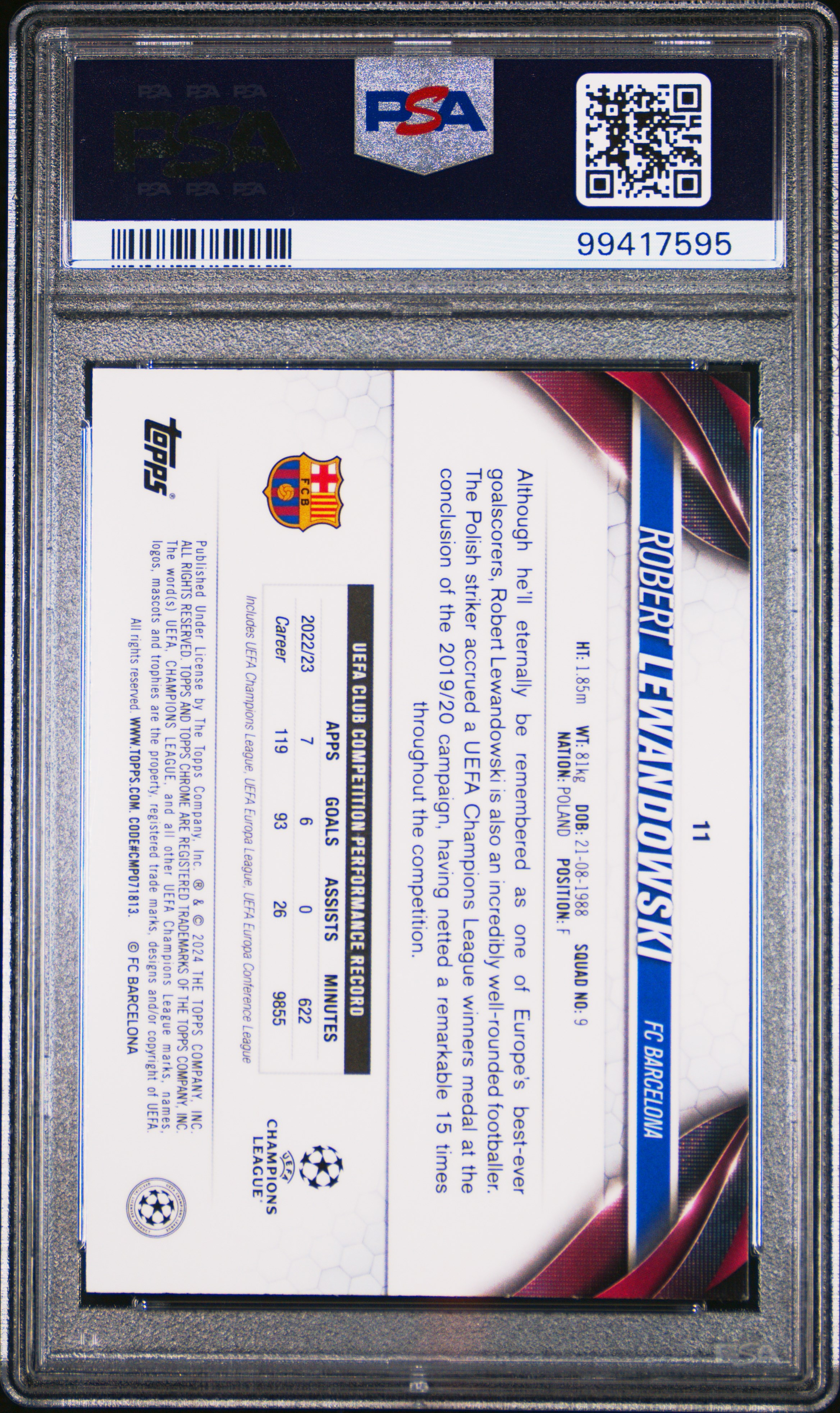 2023-24 Topps Chrome Uefa Club Competitions Robert Lewandowski #11 (Violet Speckle Refractor) Mint 9 back