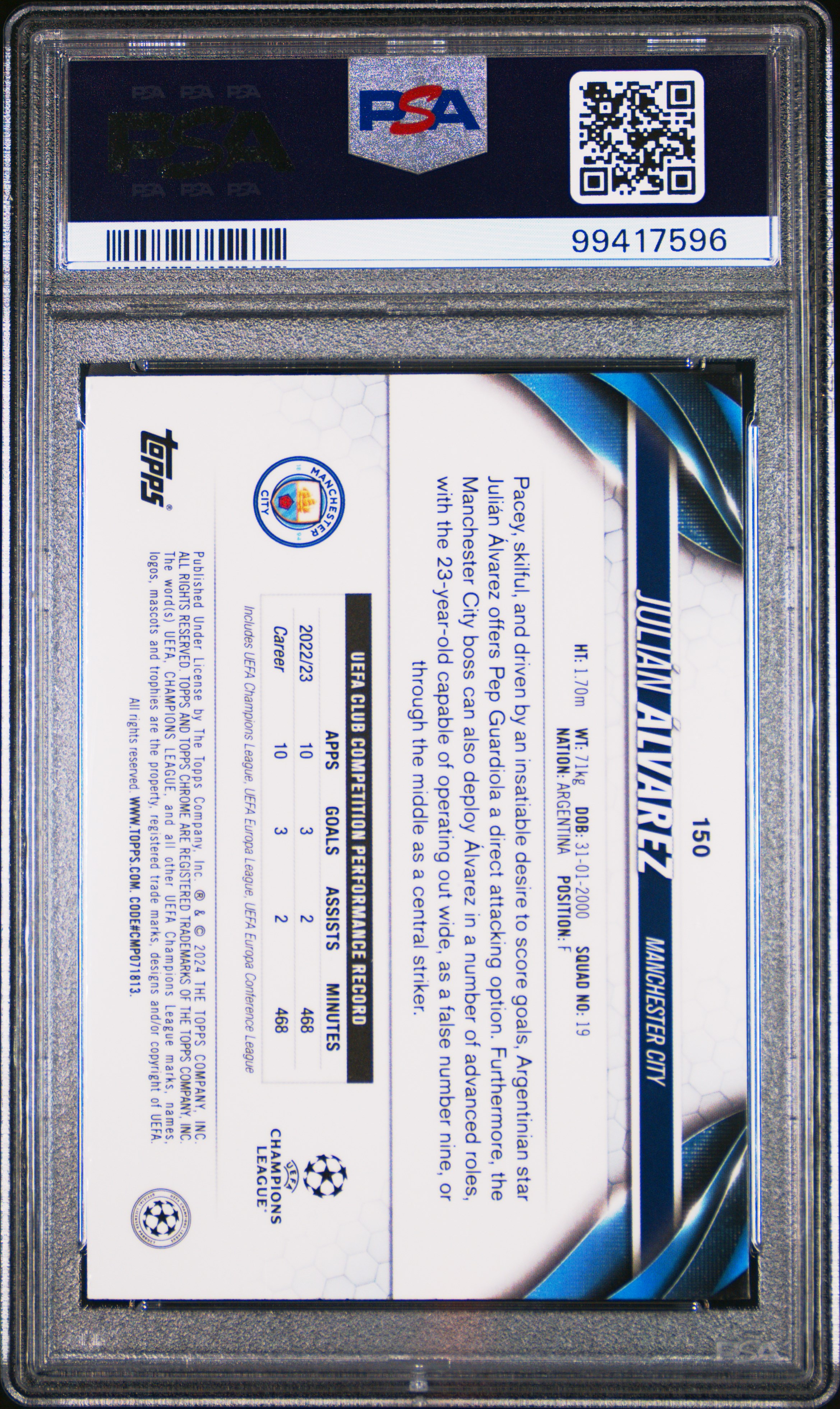 2023-24 Topps Chrome Uefa Club Competitions Julian Alvarez #150 (Neon Green Wave) Mint 9 back