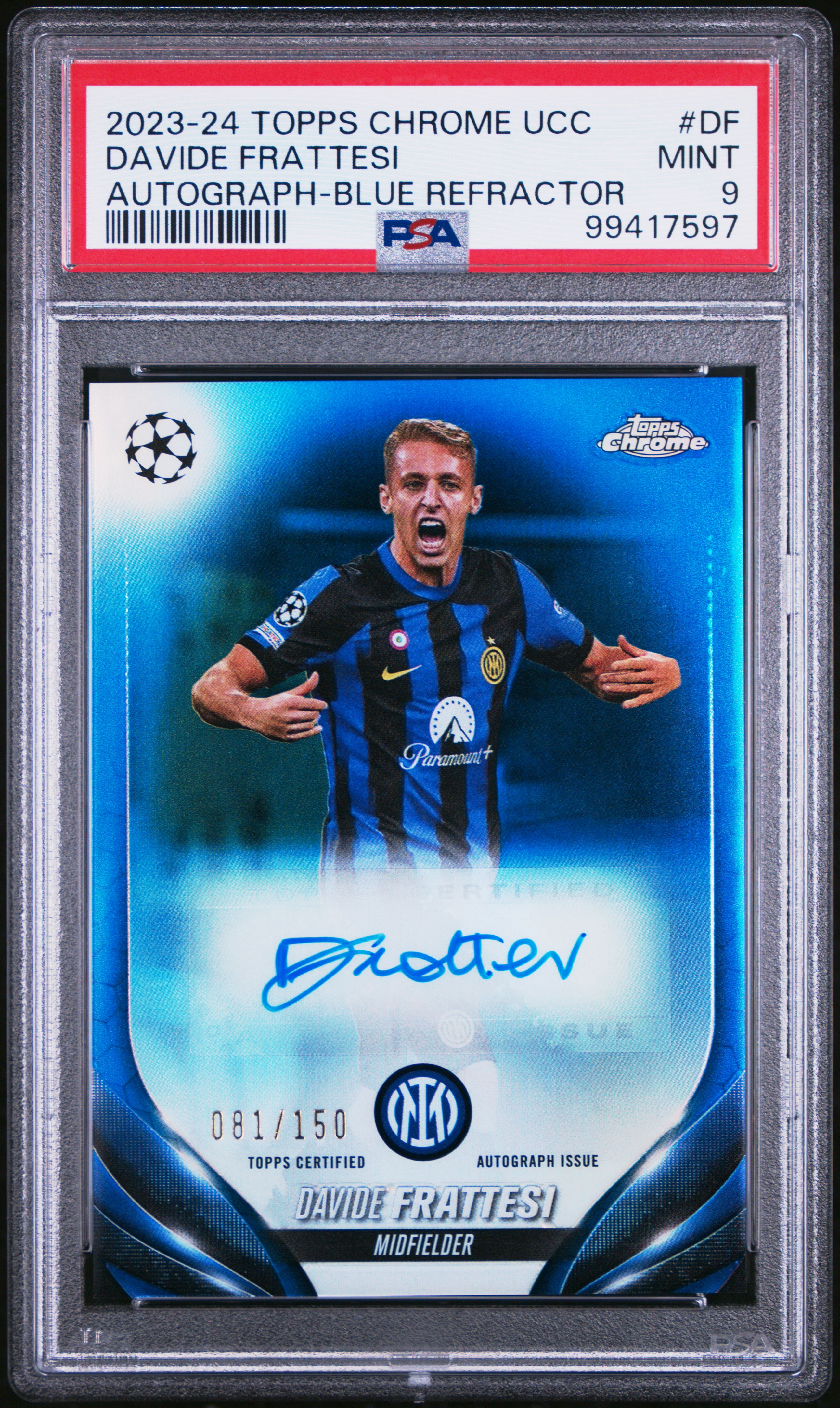 2023-24 Topps Chrome Uefa Club Competitions Chrome Autographs Davide Frattesi #Df (Autograph-Blue Refractor) Mint 9 front