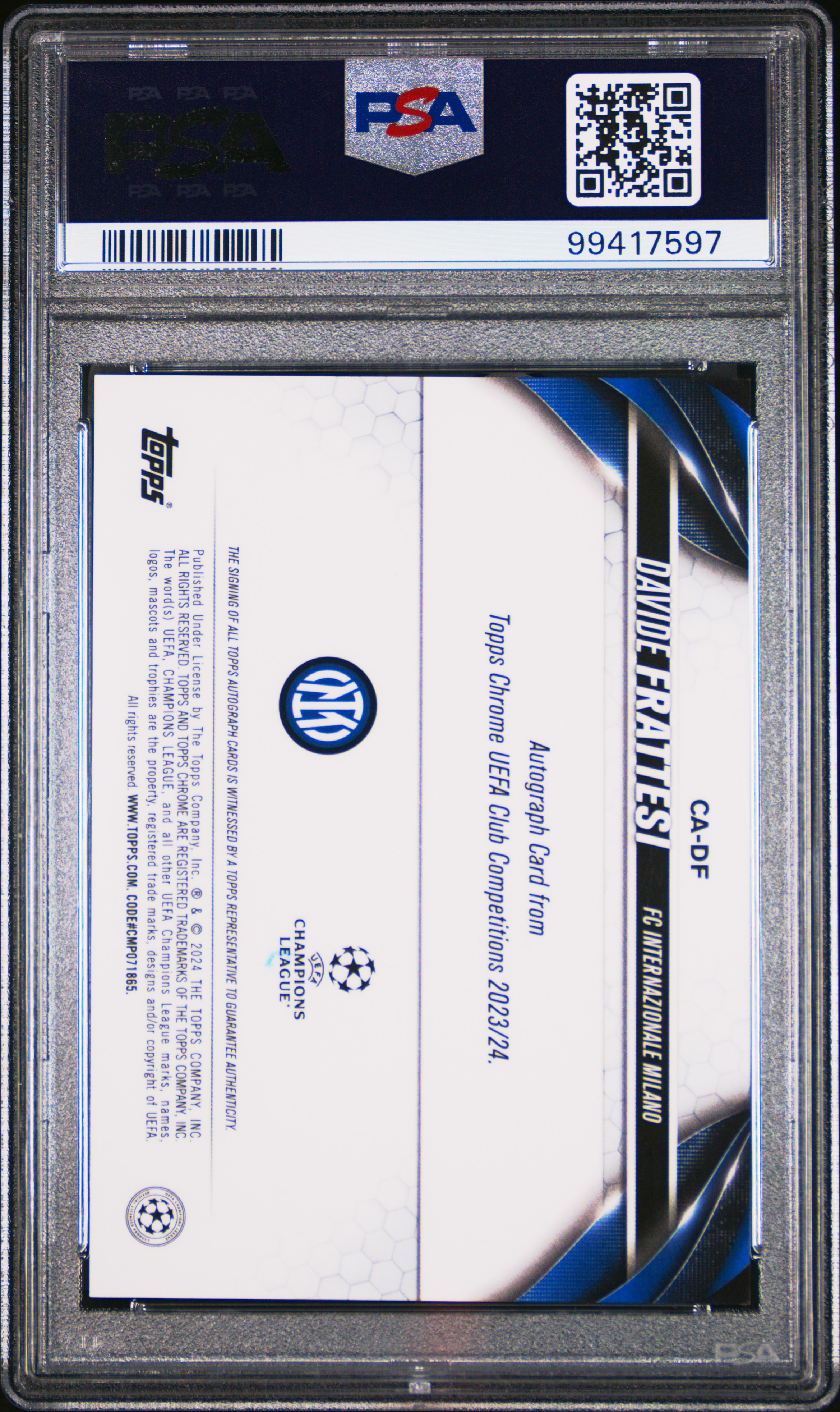 2023-24 Topps Chrome Uefa Club Competitions Chrome Autographs Davide Frattesi #Df (Autograph-Blue Refractor) Mint 9 back