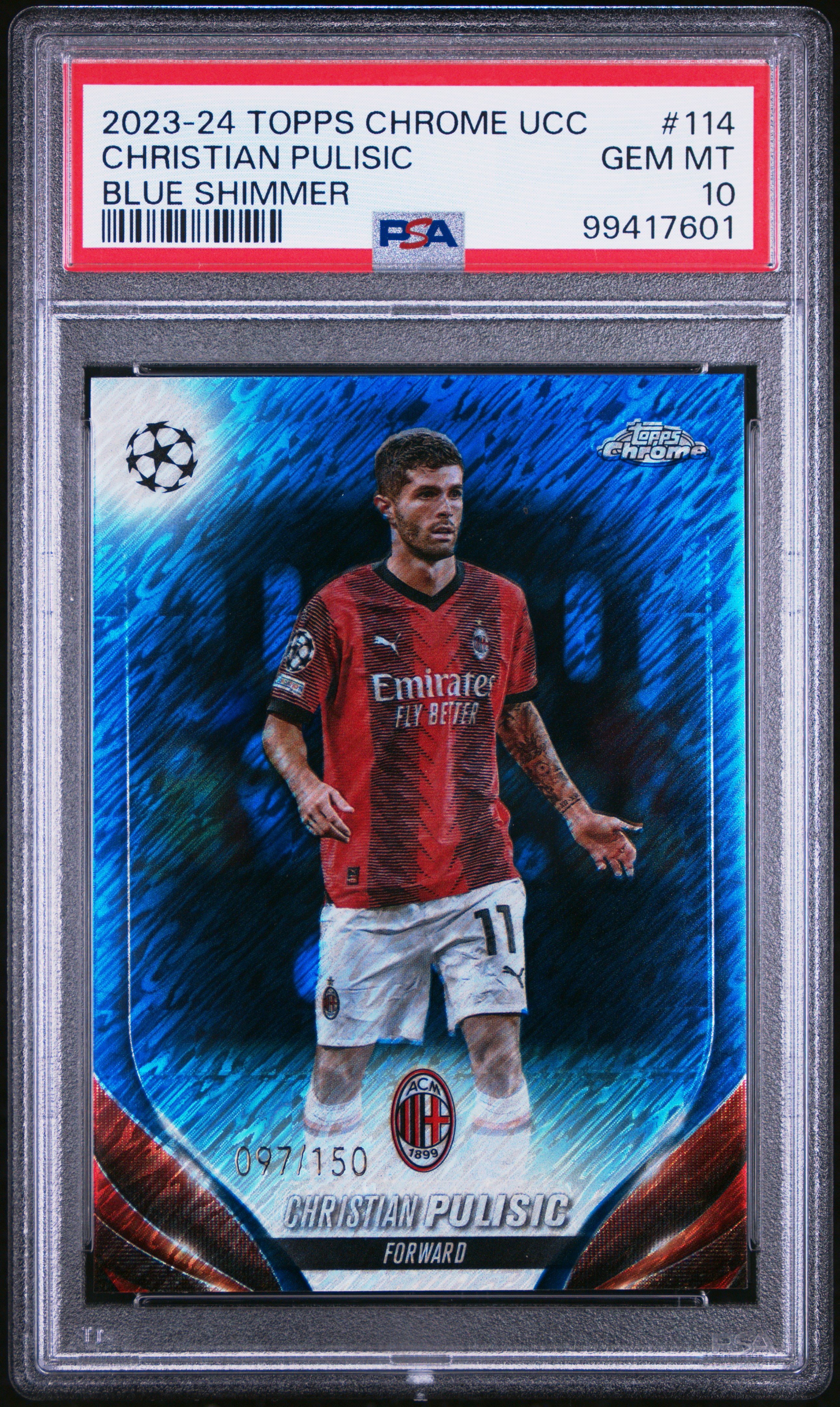 2023-24 Topps Chrome Uefa Club Competitions Christian Pulisic #114 (Blue Shimmer) Gem Mt 10 front