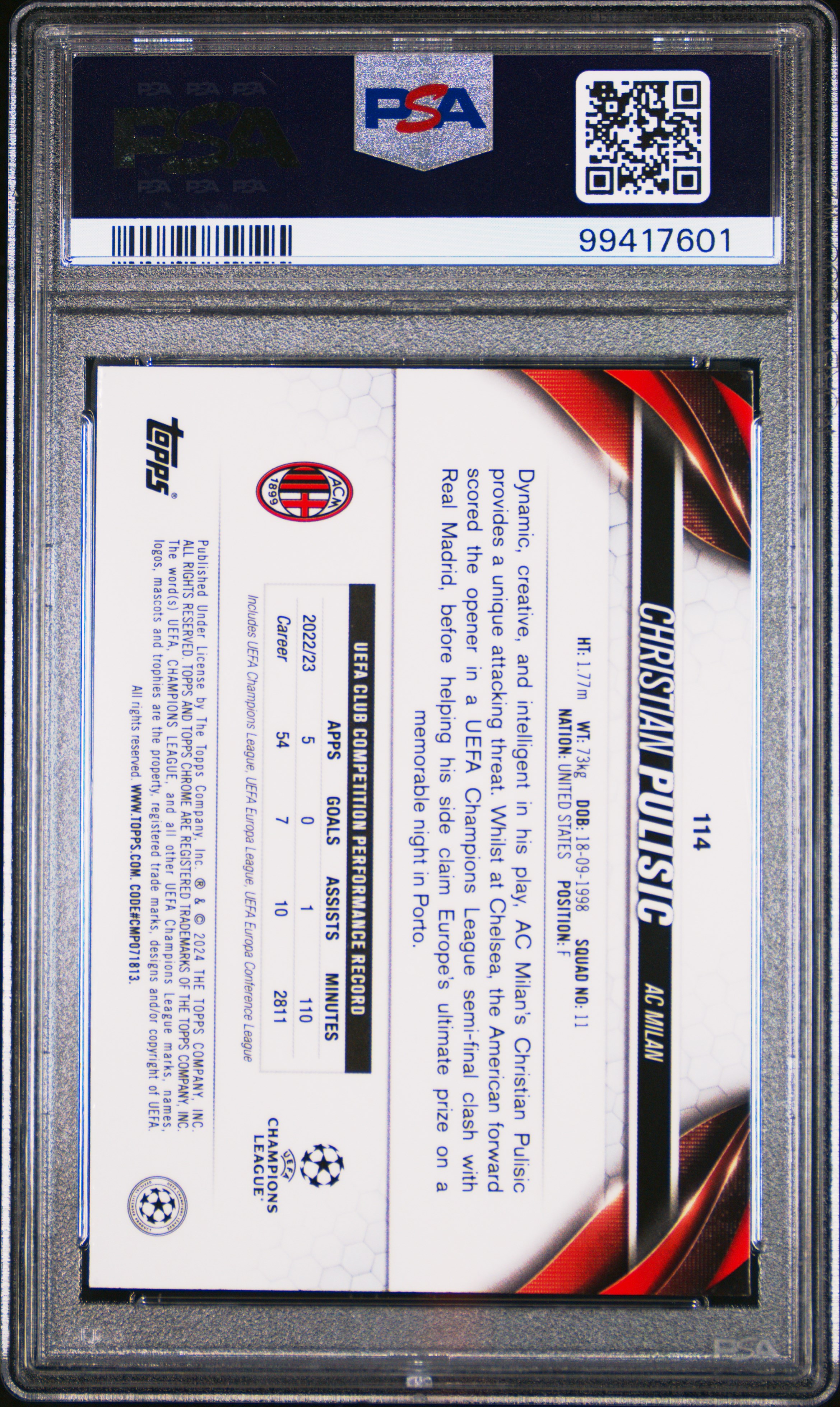 2023-24 Topps Chrome Uefa Club Competitions Christian Pulisic #114 (Blue Shimmer) Gem Mt 10 back