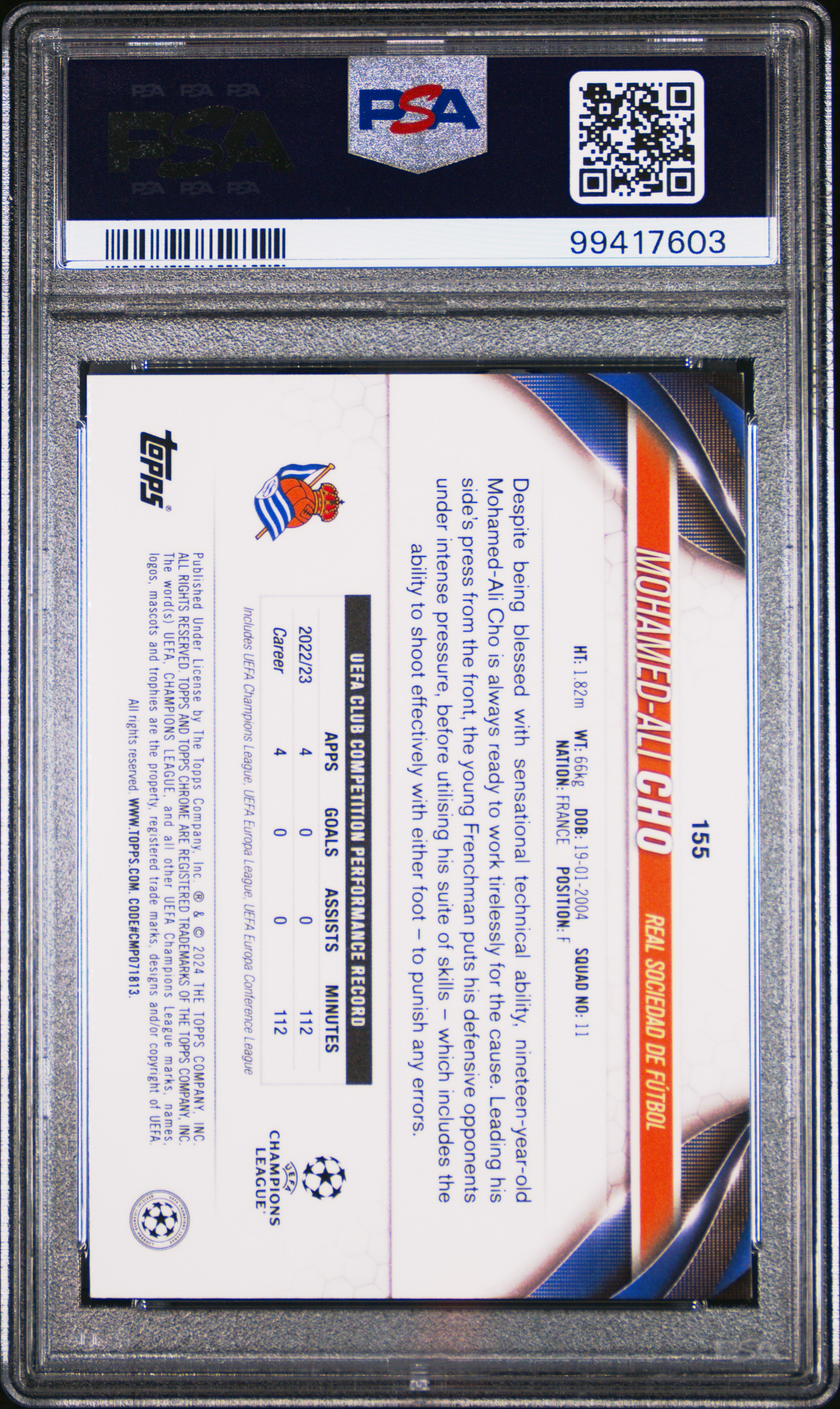 2023-24 Topps Chrome Uefa Club Competitions Mohamed-Ali Cho #155 (Blue Shimmer) Mint 9 back